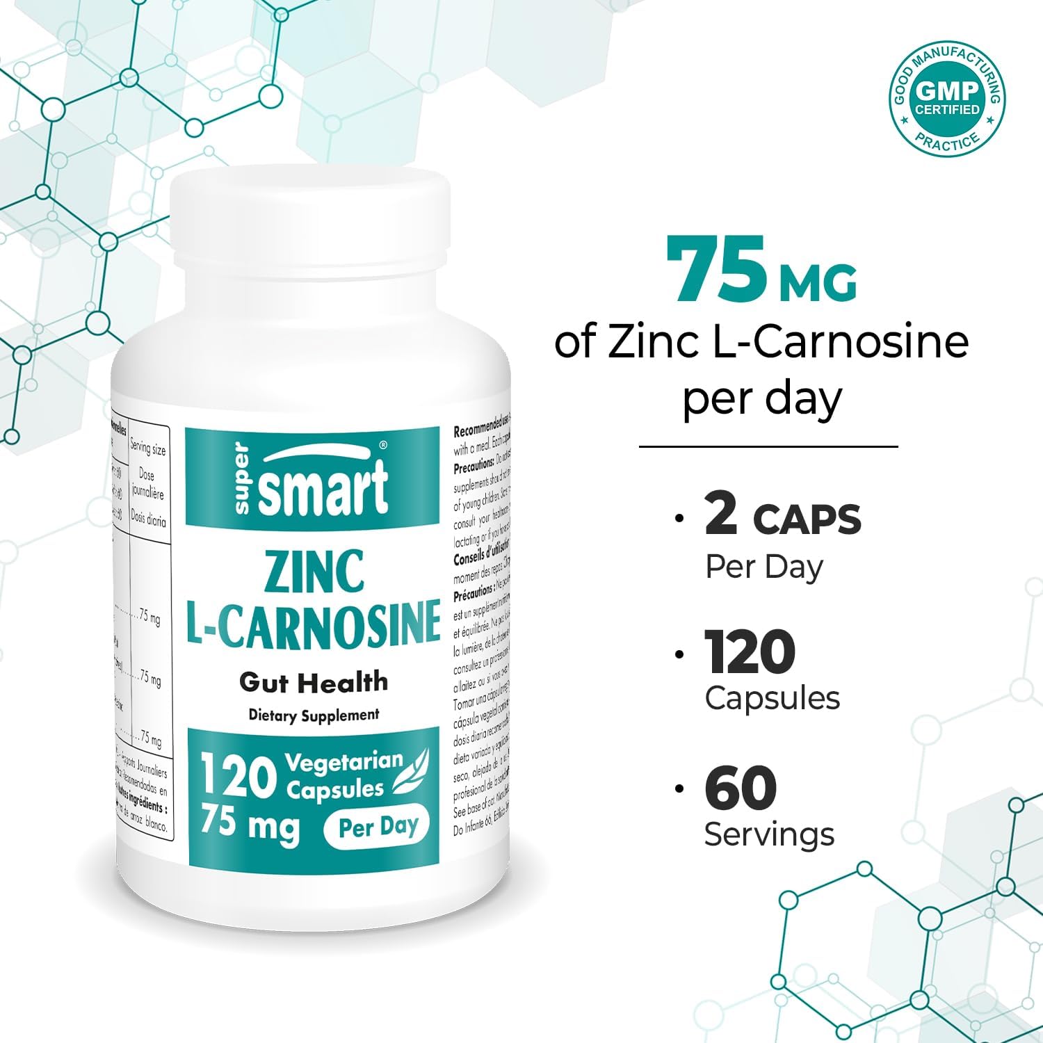 SuperSmart Zinc L-Carnosine 75mg per Day (Well-Tolerated) - Zinc Carnosine Supplement | Non-GMO & Gluten Free - 120 Vegetarian Capsules