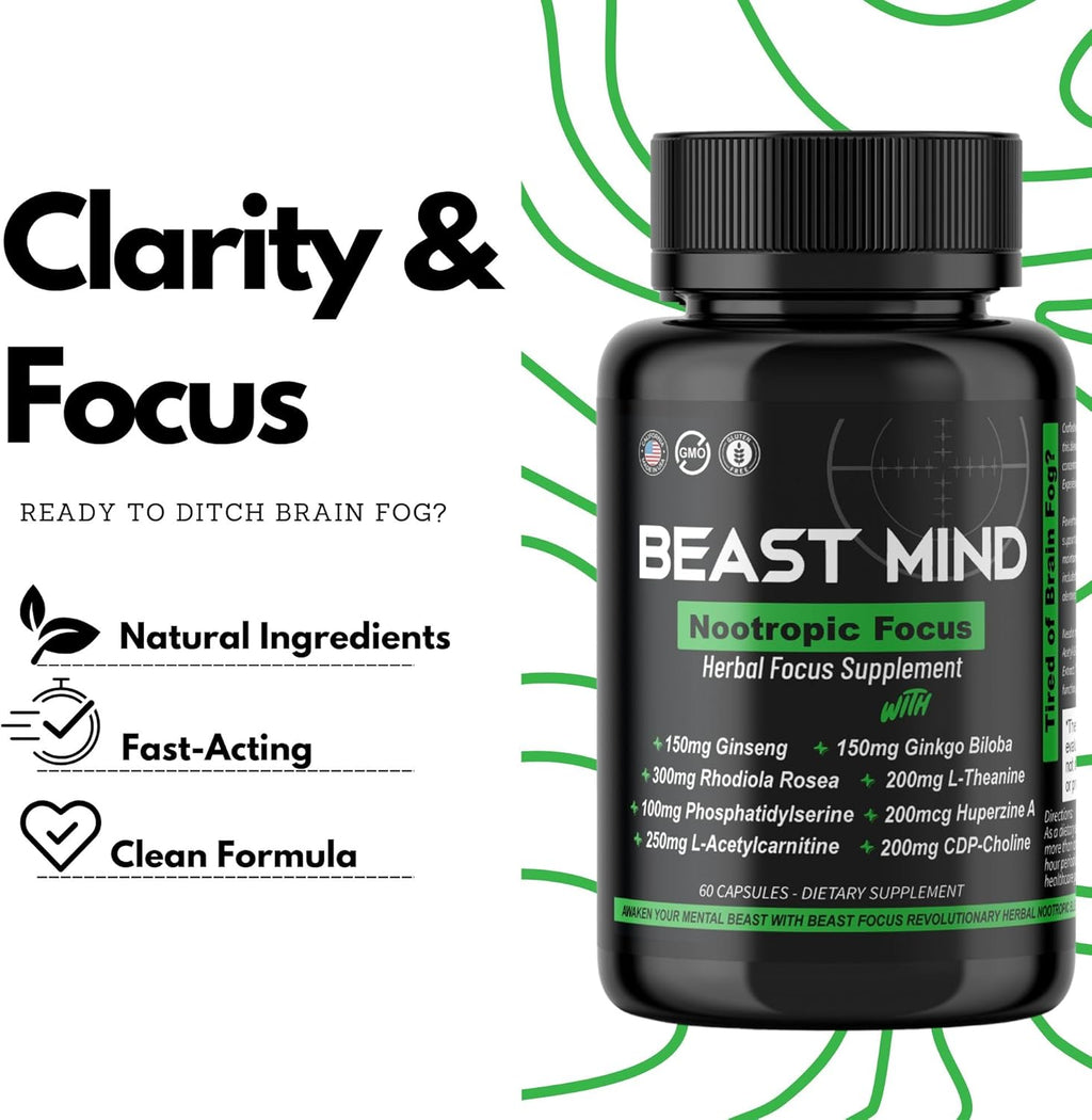 Beast Mind Focus Clarity Nootropic Blend | Ginkgo Biloba | Huperzine A | Rhodiola | Citicoline | L-Theanine | Enhanced Focus & Clarity & Cognitive Function Labs