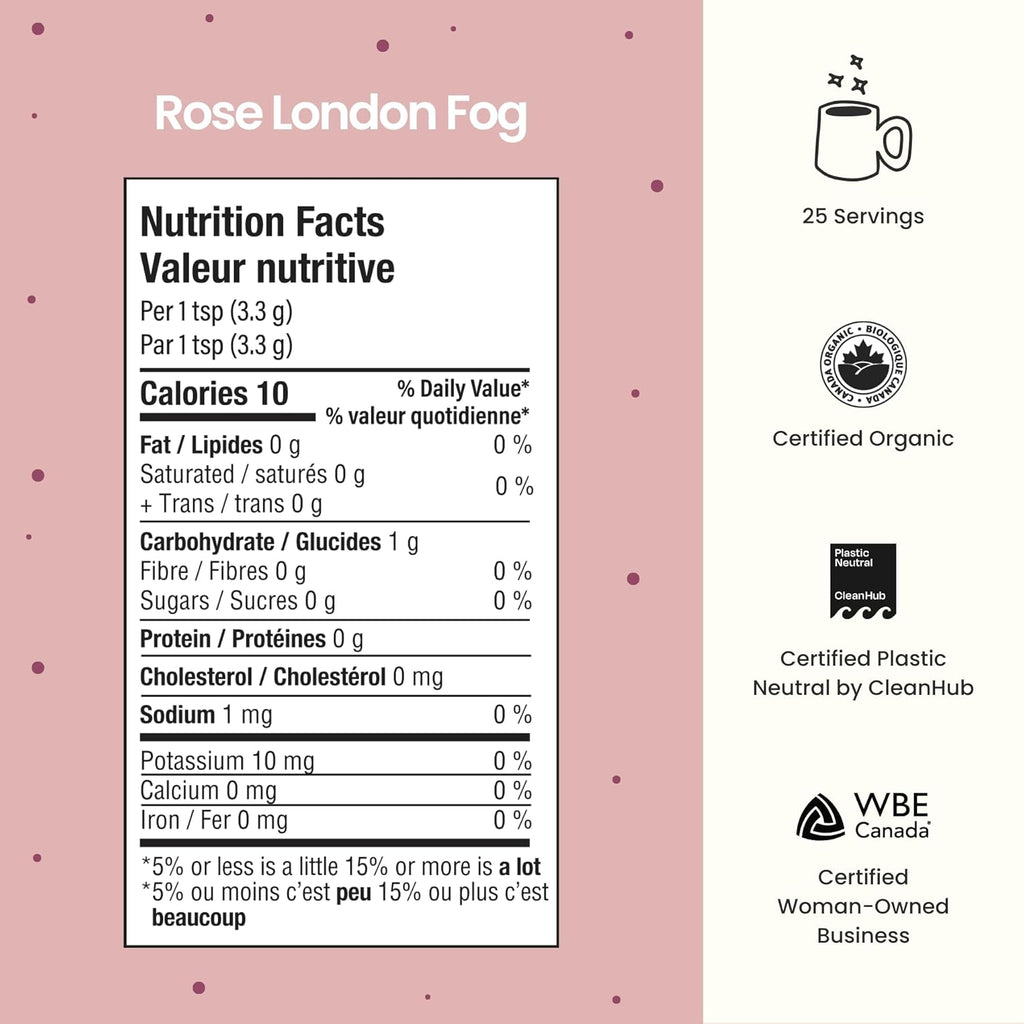 Blume Organic Rose London Fog Earl Grey Tea | Decaf Black Tea, Rose Petal Powder, Vanilla, Tart Cherry, and Bergamot | Plant Based Superfood Latte | Vegan Gluten Free Drink | 25 Servings