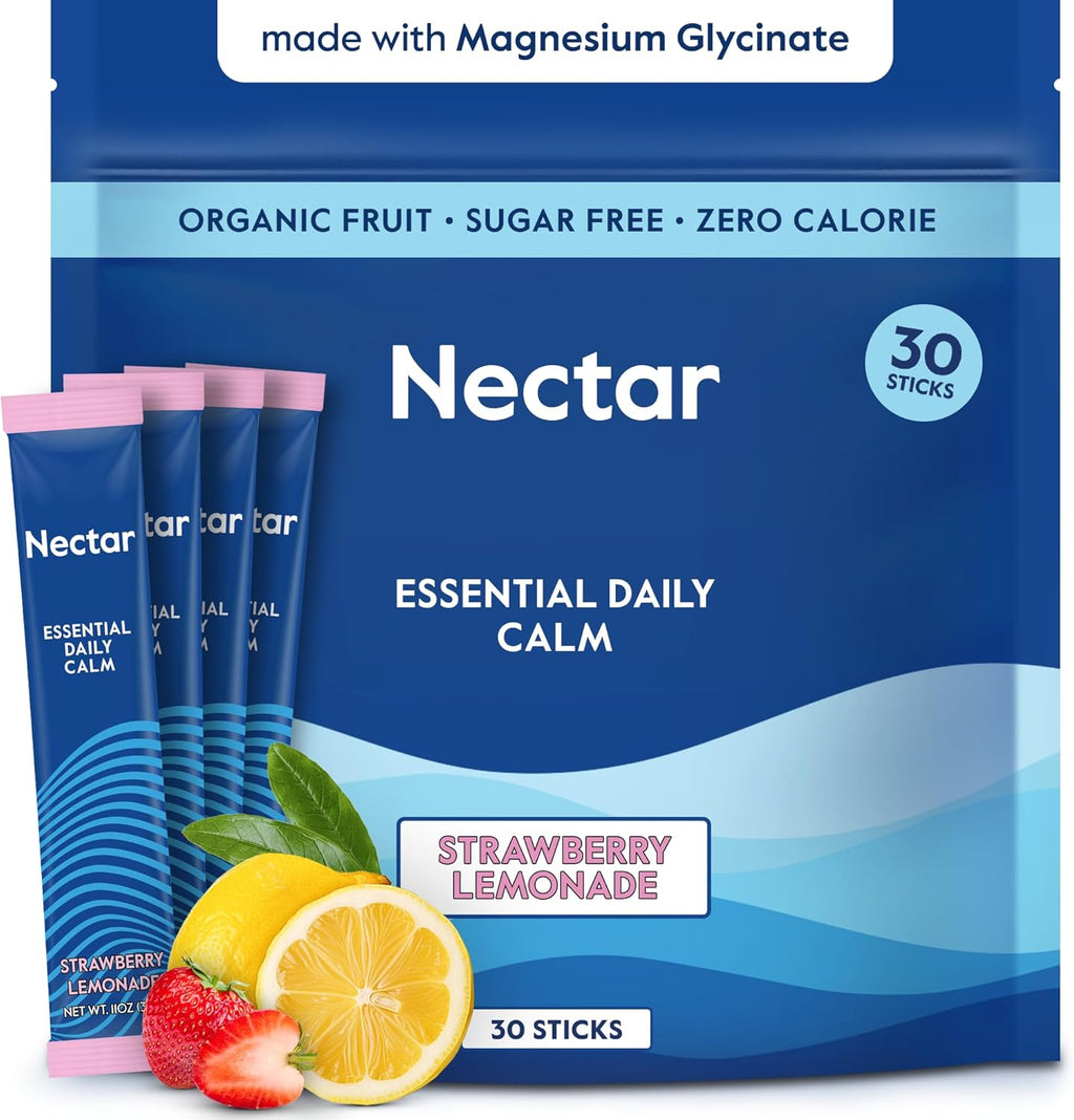 Nectar Calm Magnesium Glycinate Drink Mix - Sugar Free & Zero Calorie - with Organic Ashwagandha, Vitamin D, L-Theanine, Hydrating Electrolytes - Relax, Focus & Calm (Strawberry Lemonade 30 Sticks)
