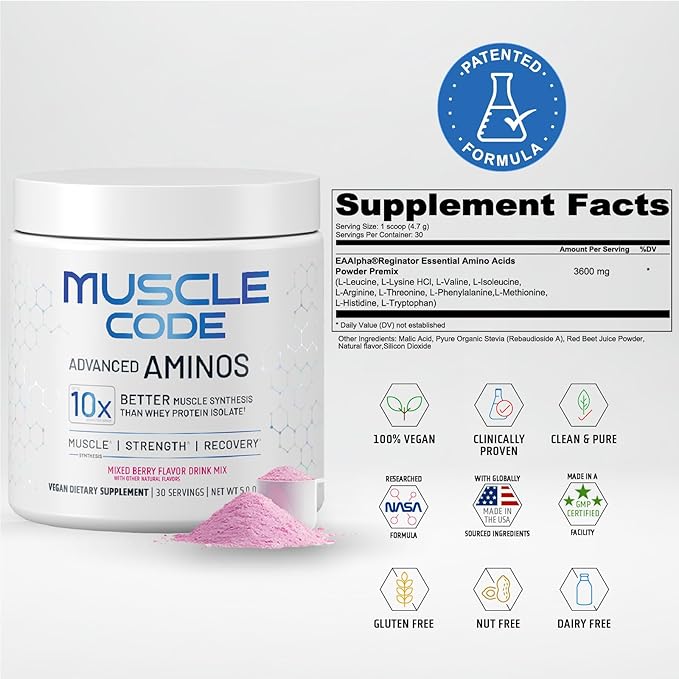 Muscle Code Essential Amino Acid Powder – Muscle Synthesis & Recovery & Strength – Natural Mixed Berry flavor – 30 Servings – Clinically Studied – 0g Sugar, Keto, Vegan, Gluten Free, Dairy Free