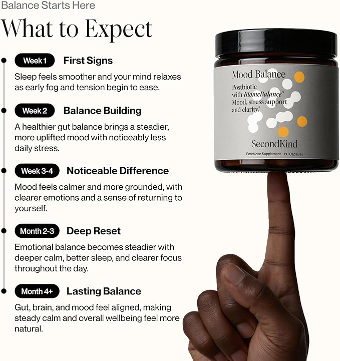SecondKind Mood Balance – Saffron & Postbiotic Supplement for Stress Relief, Emotional Balance & Mental Clarity – Gut-Brain Formula with BiomeBalance™ – Non-GMO – Made in USA - 60 Capsules
