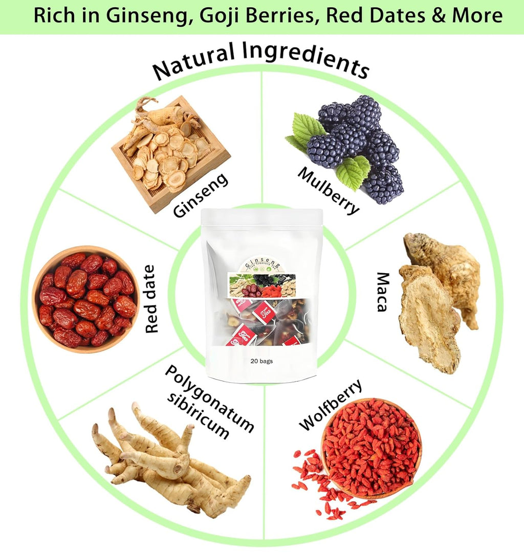 Ginseng Five Treasures Tea Kidney Tea, Ginseng & Mulberry Herbal Teas, Kidney Cleanse Detox Beverage for Women & Men, Nnatural Ingredients Sweet Taste and Aroma 20bags