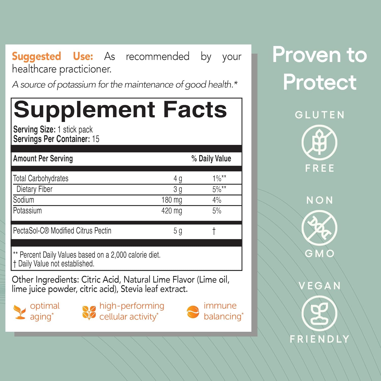 EcoNugenics PectaSol Modified Citrus Pectin – 15 5g Lime Stick Packs – Total-Body Health Supplement to Support Heart,Immune System, Inflammation Response & Aging + Maintain Healthy Galectin-3 Levels