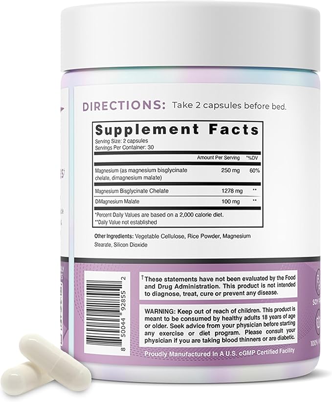 One Sol Magnesium, 1378 mg Dual Source Magnesium Bisglycinate for Sleep, Relaxation and Full Body Recovery, High Absorption, Vegan, Non-GMO, Gluten & Soy-Free, Made in USA, 60 Capsules