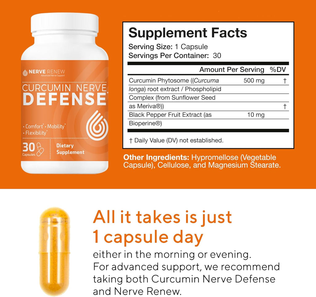 NERVE RENEW Curcumin Nerve Defense with Meriva Curcumin Phytosome for Complete Nerve Nourishment and Comfort - Optimized with Black Pepper Extract - 3 Pack