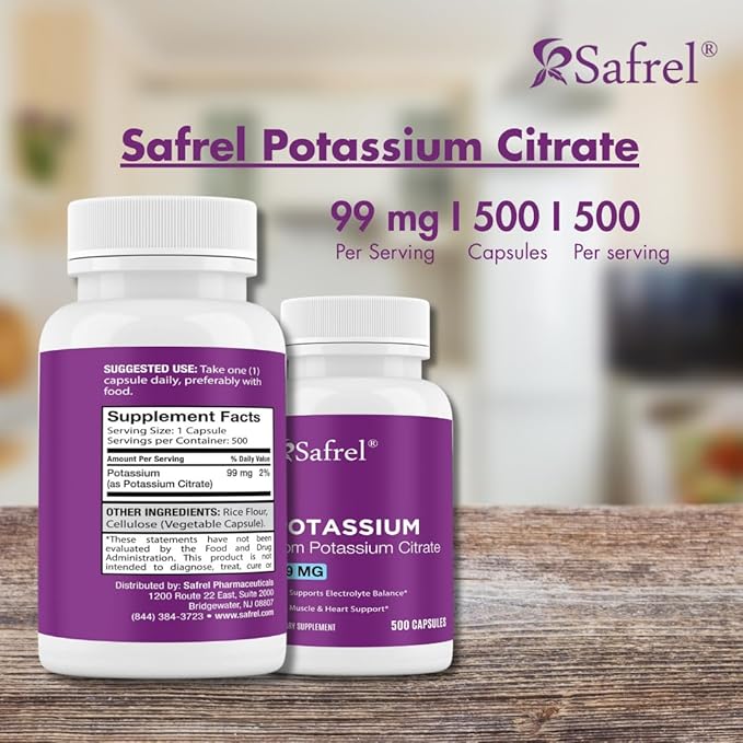 Safrel | Potassium Citrate Capsules | 500 mg Potassium Citrate + 99 mg Potassium | 500 Servings | Electrolyte Balance Support | Vegan Non-GMO | Gluten Free Halal