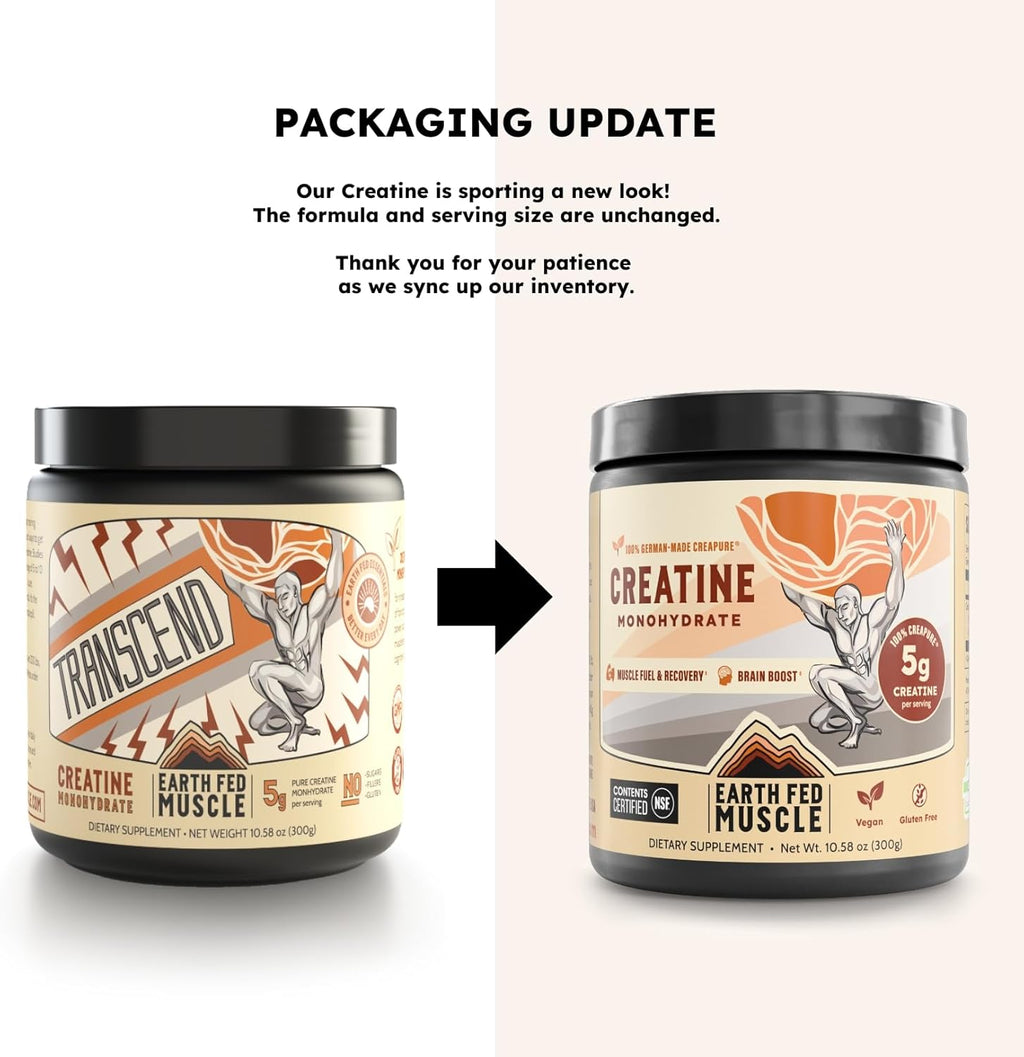 Earth Fed Muscle Transcend Creatine Monohydrate Powder – 100% German Creapure Creatine for Women | Muscle Recovery & Building, Energy Production | Unflavored 5g Serving, 60 Servings per Container