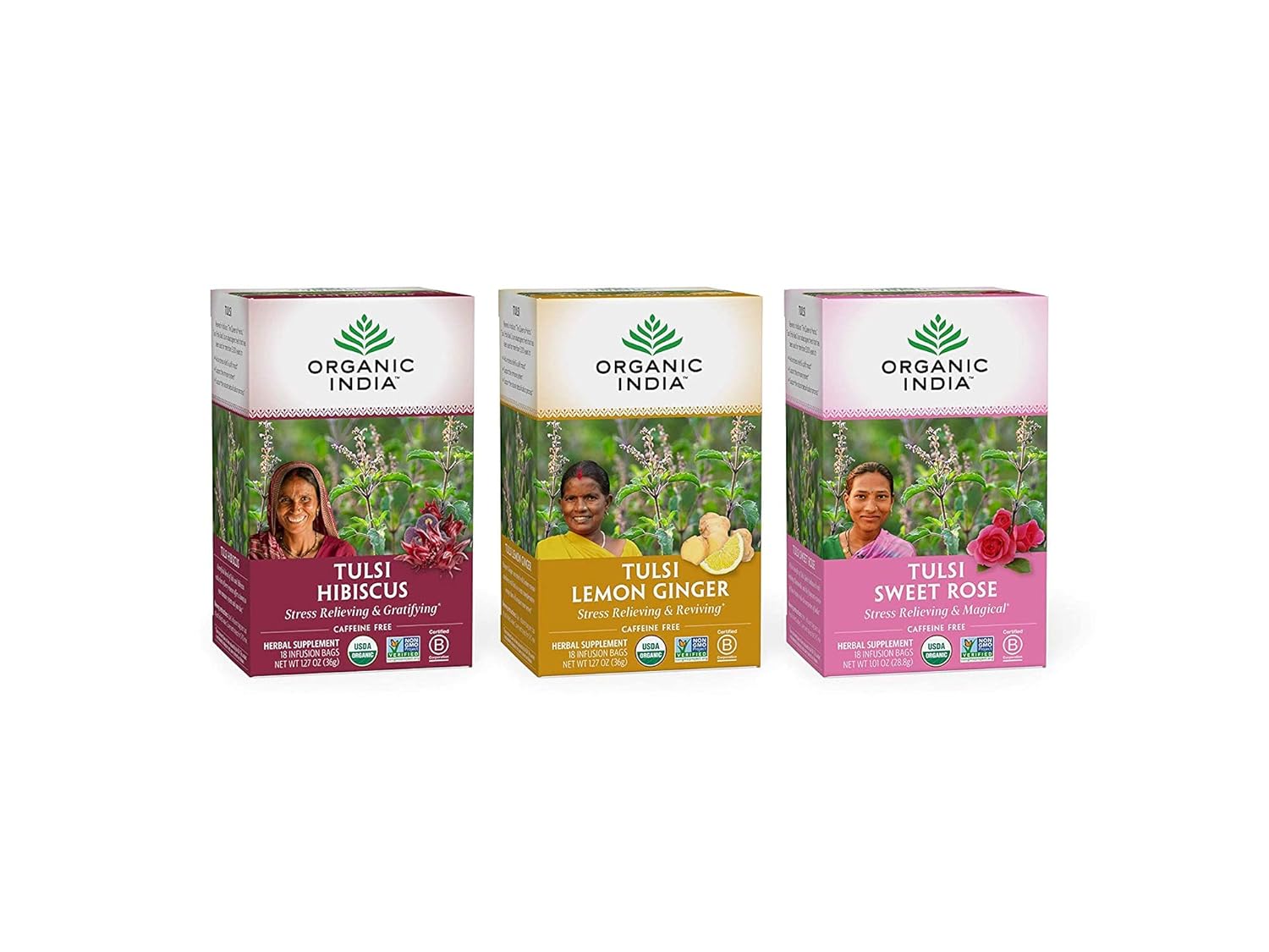 Organic India Iced Tulsi Tea Bags Variety Pack - Assorted Tea, Holy Basil, Hibiscus, Lemon Ginger, Sweet Rose - Adaptogen, Vegan, USDA Certified Organic, Non-GMO - 18 Infusion Bags per Box (Pack of 3)