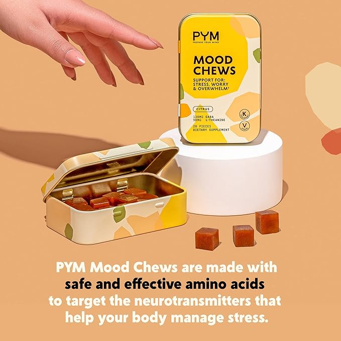 PYM Citrus Mood Chews Support for Stress, Worry & Overwhelm, 20 Count | 130mg GABA, 90mg L-Theanine | Vegan, Non-GMO, Gluten-Free, No Added Sugar | All-Natural Mood Balance Supplement Made in USA