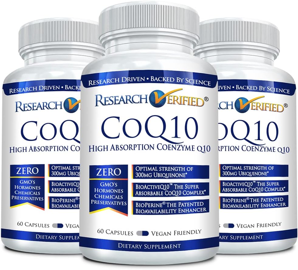 Research Verified CoQ10-100% Pure Extra Strength 300mg CoQ10 – Improved Absorption and Bioavailability with Bioperine - Boost Antioxidant Levels, Improve Cardiovascular Health, 180 Vegan Capsules