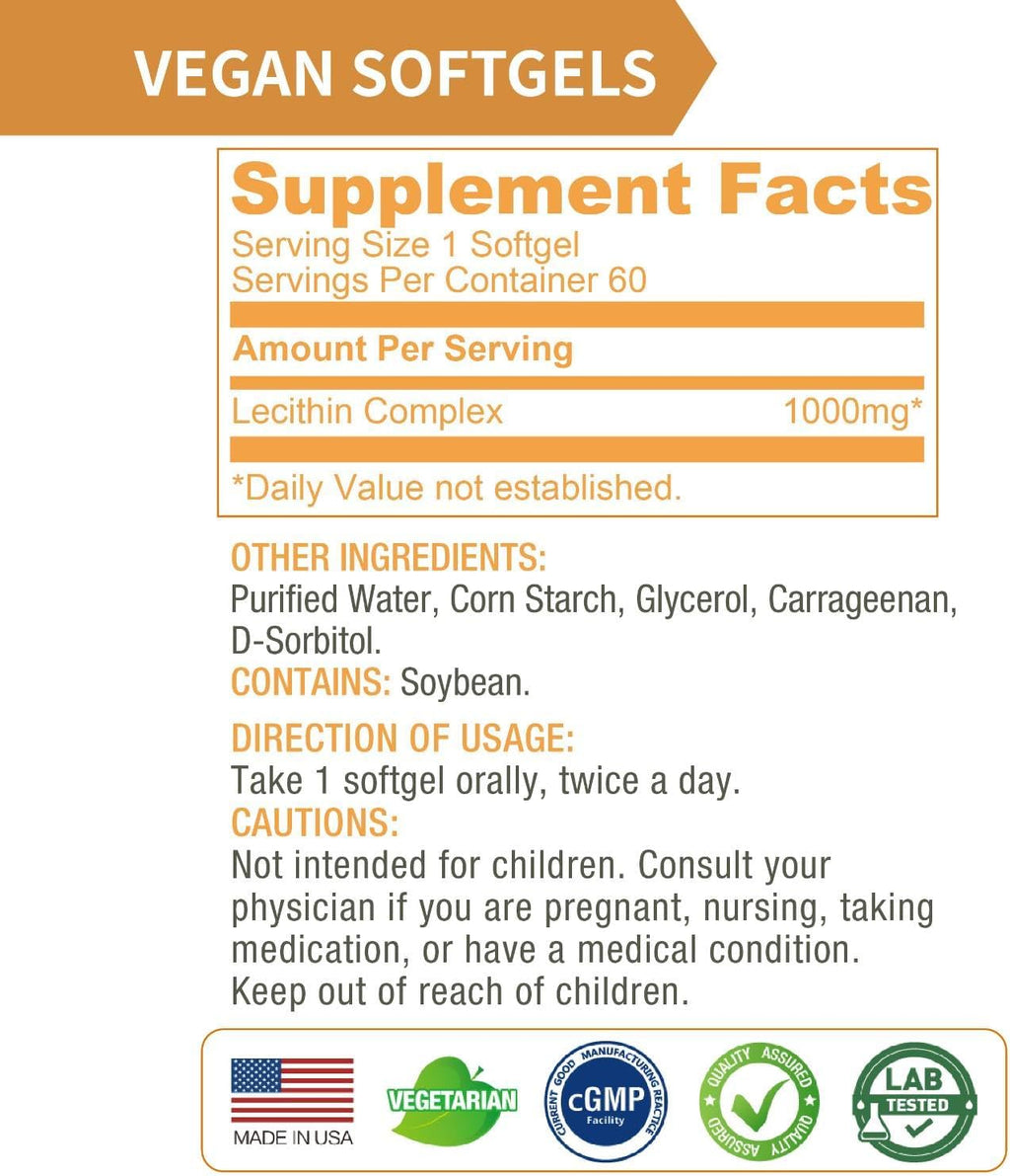 Lovita Lecithin, 1000mg per Softgel, 35% Phosphatidyl Choline | Lactation, Brain & Nerve Support | Vegan, Non-GMO, 60 Softgels