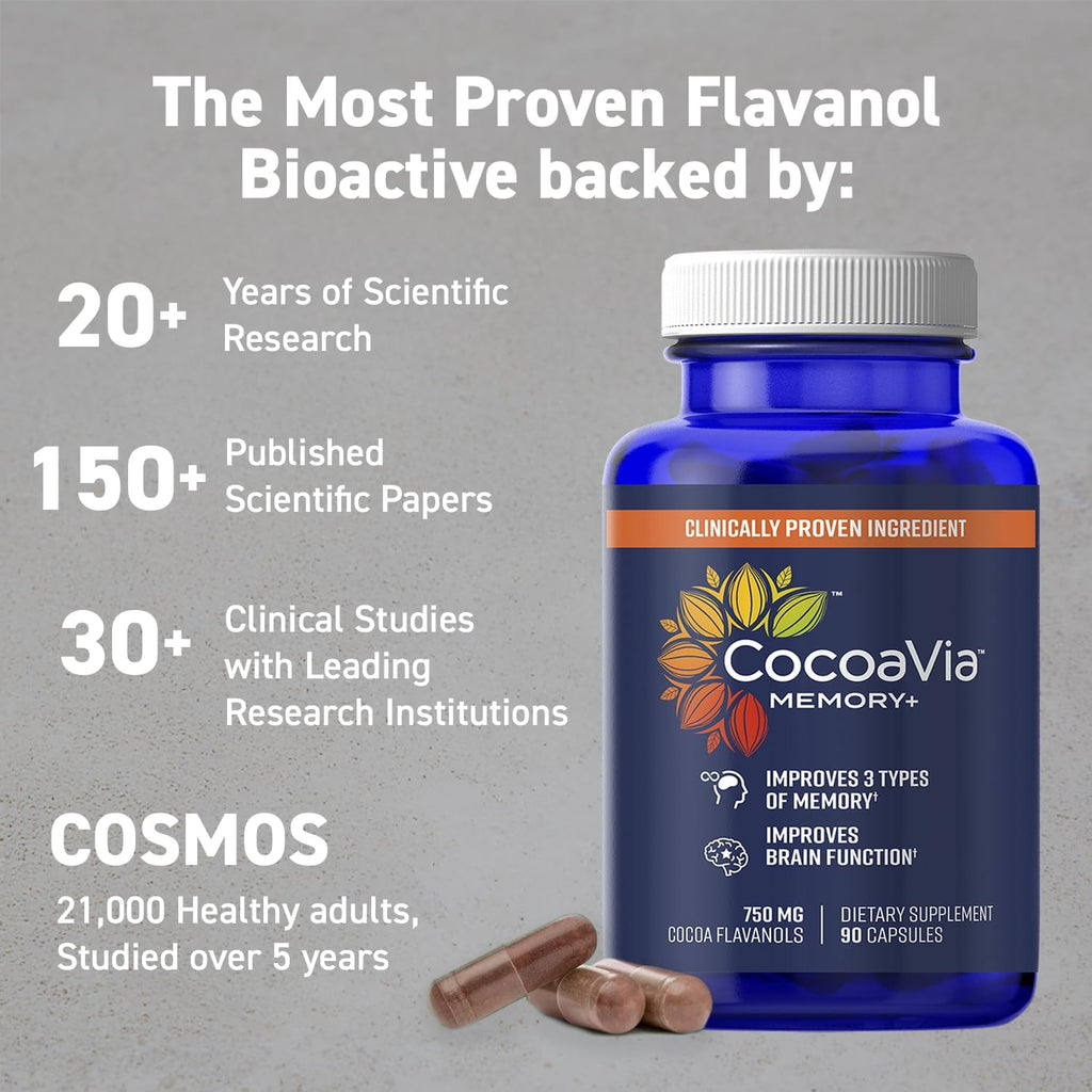 CocoaVia Memory+ Brain Supplement, Clinically Proven Memory and Brain Booster, Plant Based Supplement, Sugar Free, Gluten Free, Vegan, 750 mg Cocoa Flavanols Capsules, 30 Day Supply
