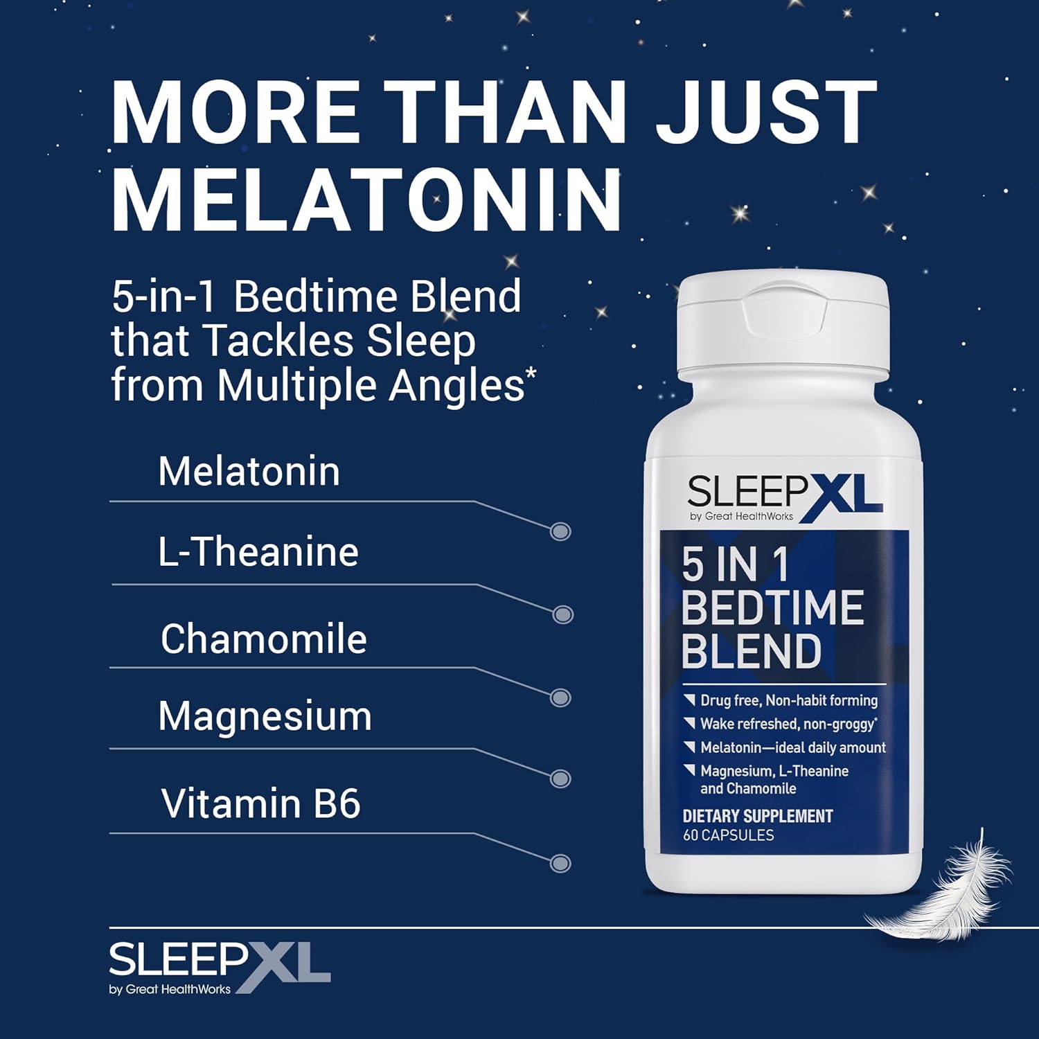 SleepXL Sleep Supplement Non-Habit-Forming Formula - Fall Asleep Faster & Sleep Longer - 5 key ingredients include Melatonin, L-Theanine, Chamomile, Magnesium & Vitamin B6 (60 Capsules, 30 Servings)