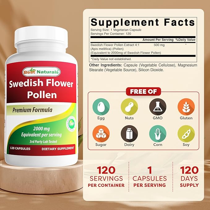 Best Naturals Swedish Flower Pollen 4:1 Extract 500 mg - 120 Capsules