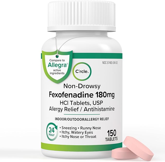 C'rcle Fexofenadine 180mg 24 Hour Allergy Relief Tablets - Non Drowsy Allergy Pills Medicine for All Day Relief - Antihistamine Fexofenadine Hydrochloride 180mg for Adults (150 Count)