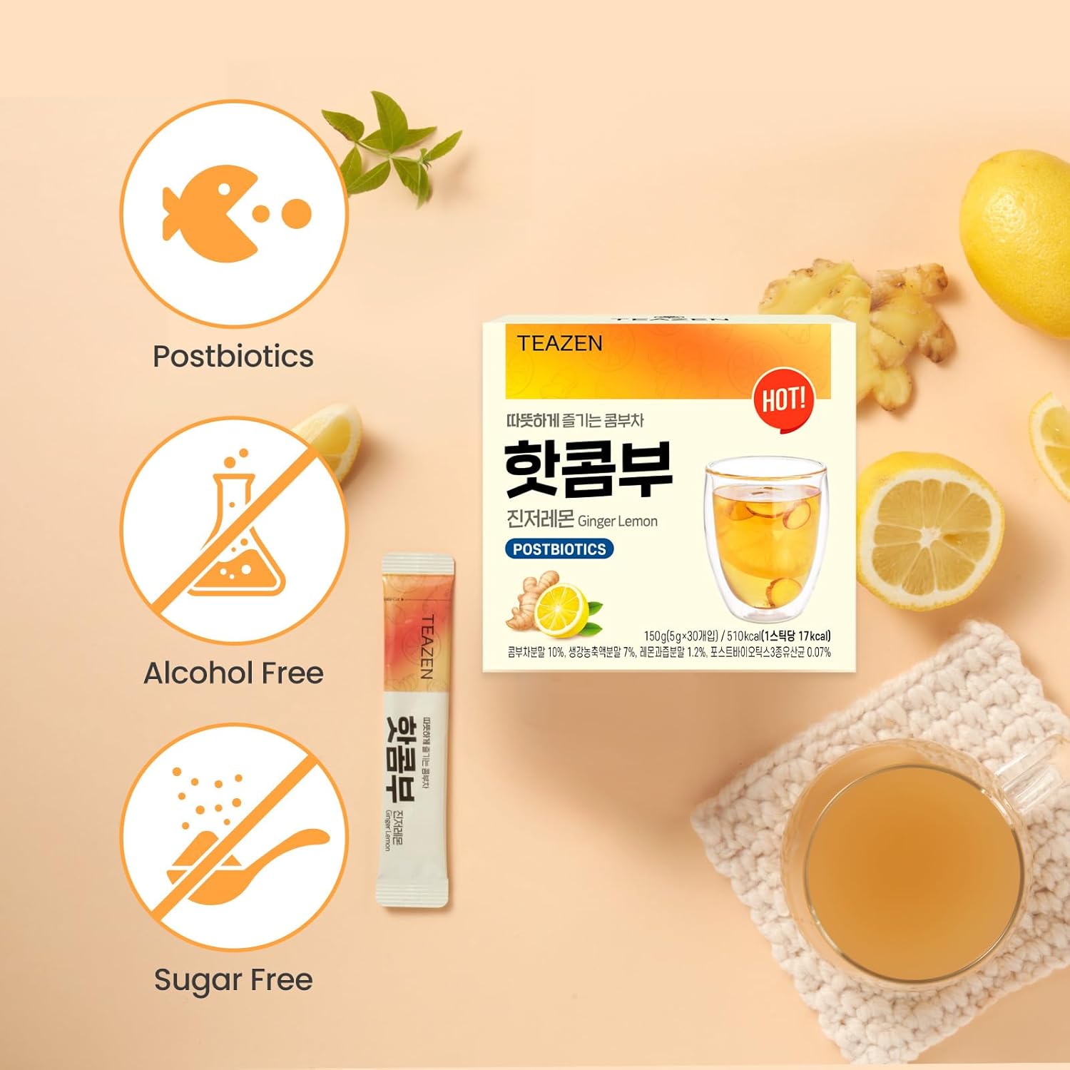 TEAZEN Lemon Ginger Hot Kombucha Tea, Live Probiotics & Postbiotics, Relaxation and Warmth for Colds and Sore Throat, Hydration Drink Mix, Sugar Free, 30 Sticks, 5.29oz