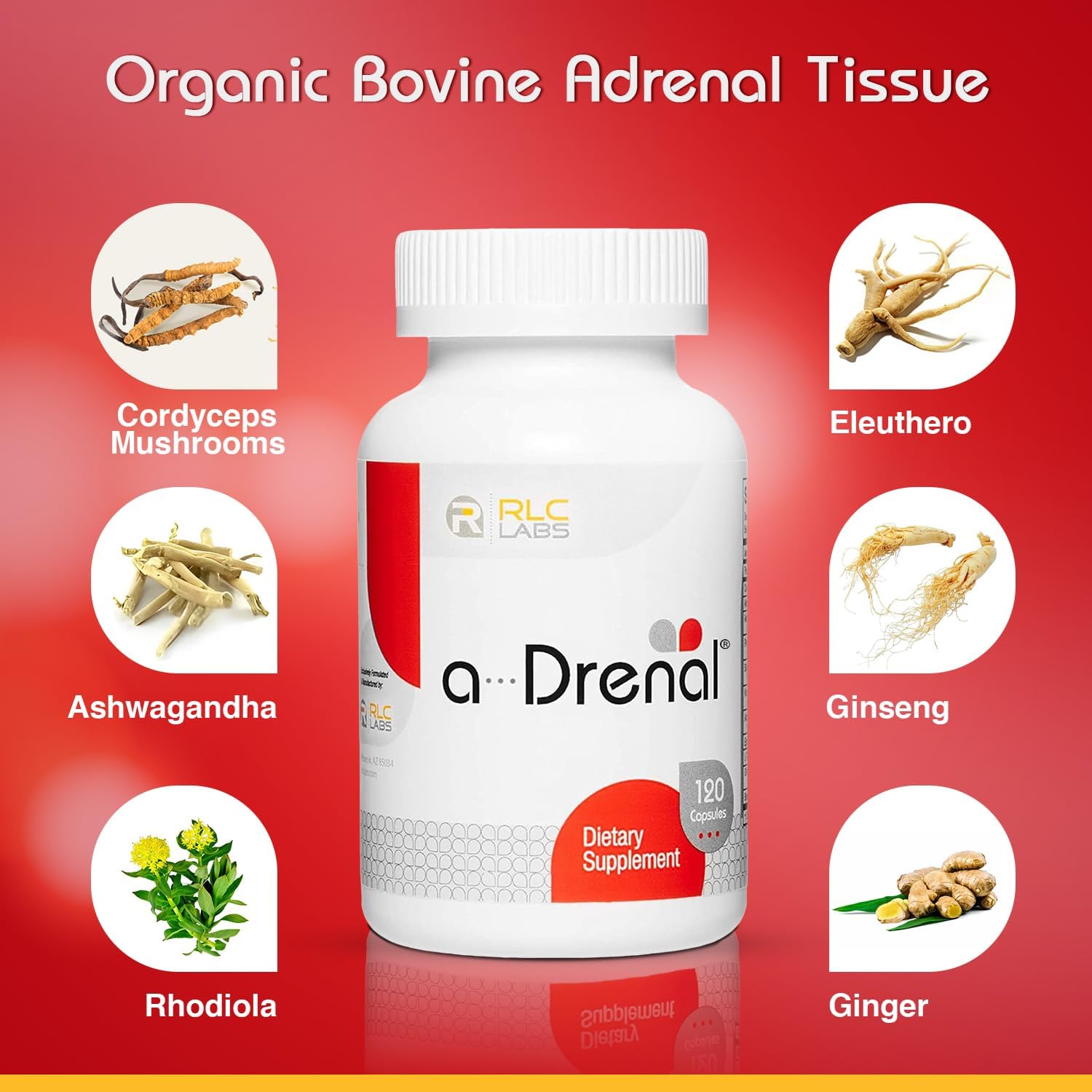 RLC Labs a-Drenal, 240 Capsules - Herbal, Cortisol Supplement with Ashwagandha, Ginger & Rhodiola to Support Balance, Mood, Energy & Vitality - Adrenal Support Formula for Adult (2 Month Supply)