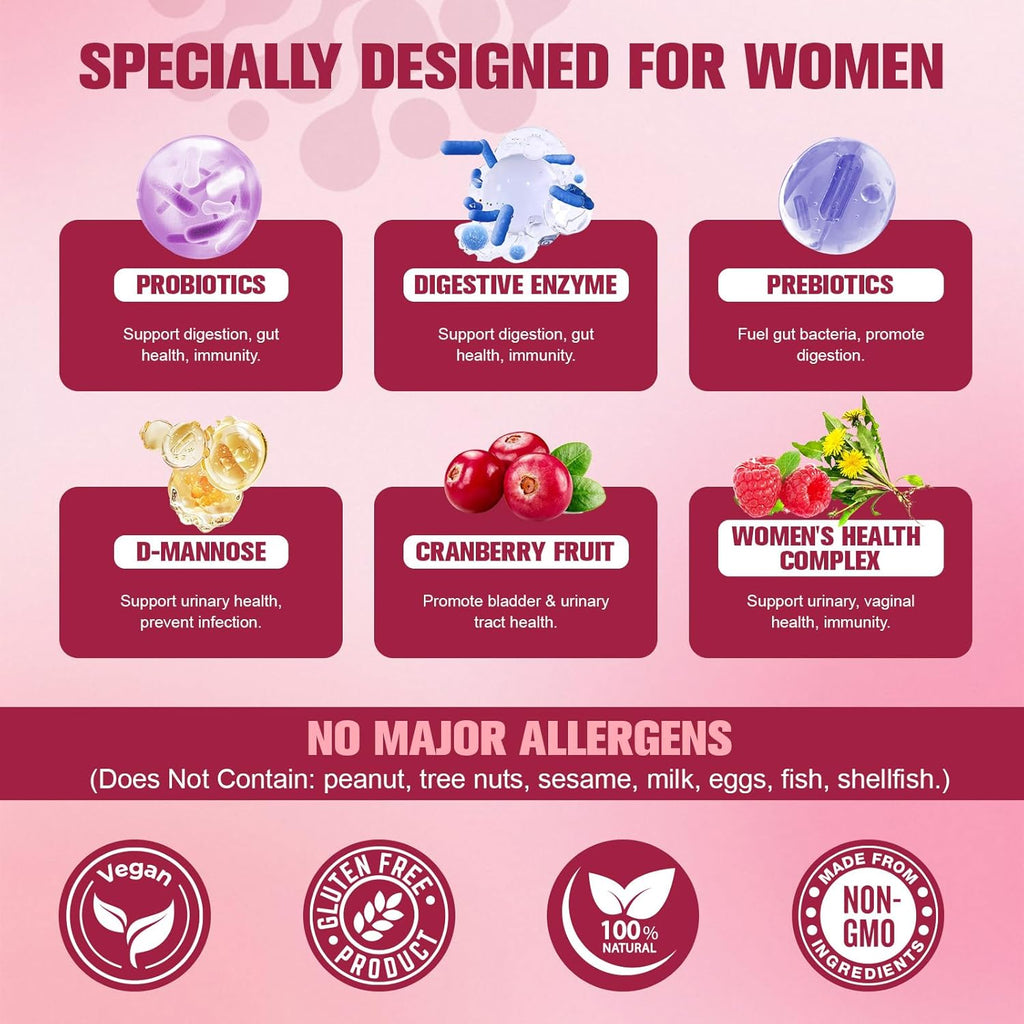Probiotics for Women, 120 Billion Women Probiotic, Digestive Enzymes & Prebiotics, with Akkermansia, Cranberry, D-Mannose, for Gut, Vaginal, Urinary, Immune, PH Balance, 120 Vegan Capules