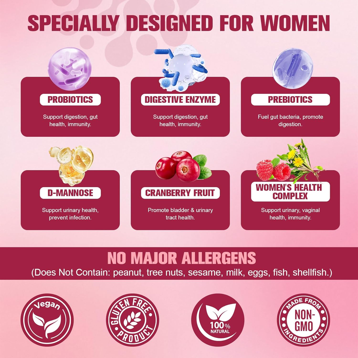 Probiotics for Women, 120 Billion Women Probiotic, Digestive Enzymes & Prebiotics, with Akkermansia, Cranberry, D-Mannose, for Gut, Vaginal, Urinary, Immune, PH Balance, 120 Vegan Capules