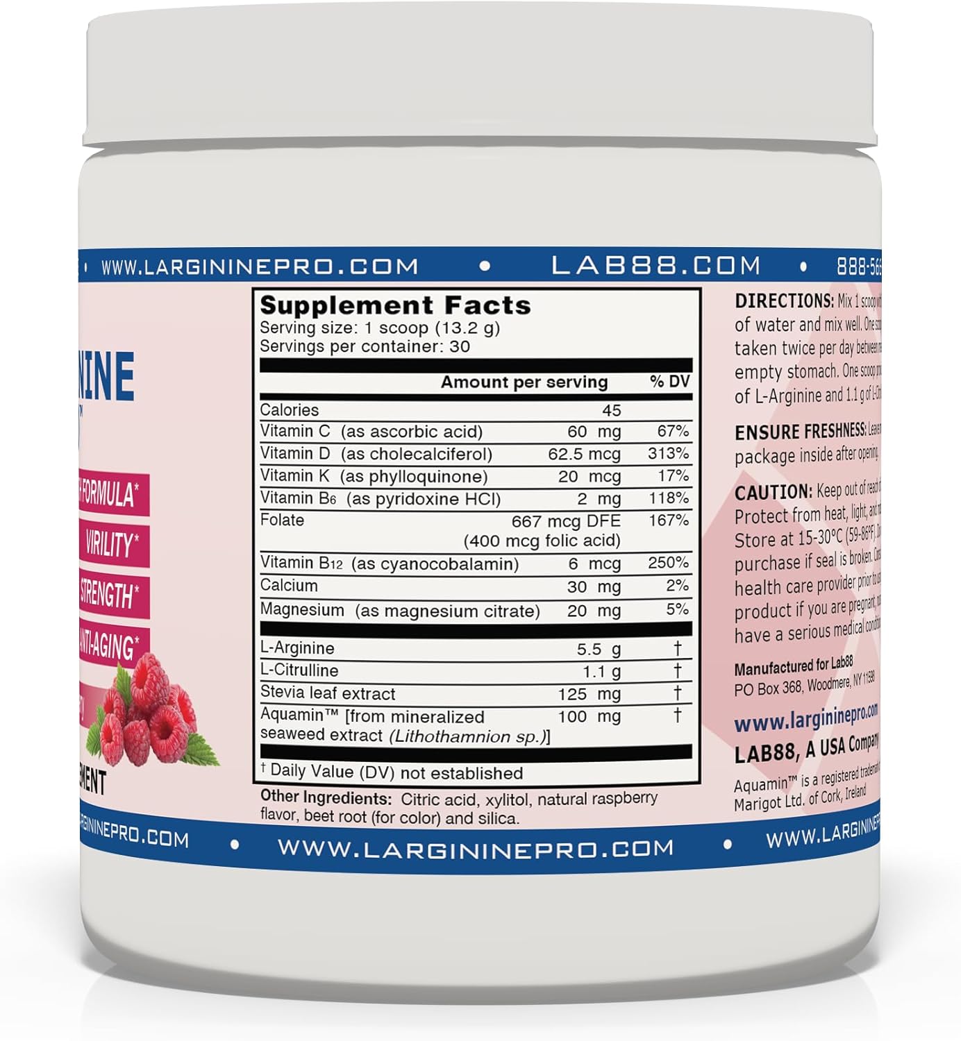 L-ARGININE PRO | L-arginine Supplement Powder | 5,500mg of L-arginine Plus 1,100mg L-Citrulline (Raspberry, 3 Jars)