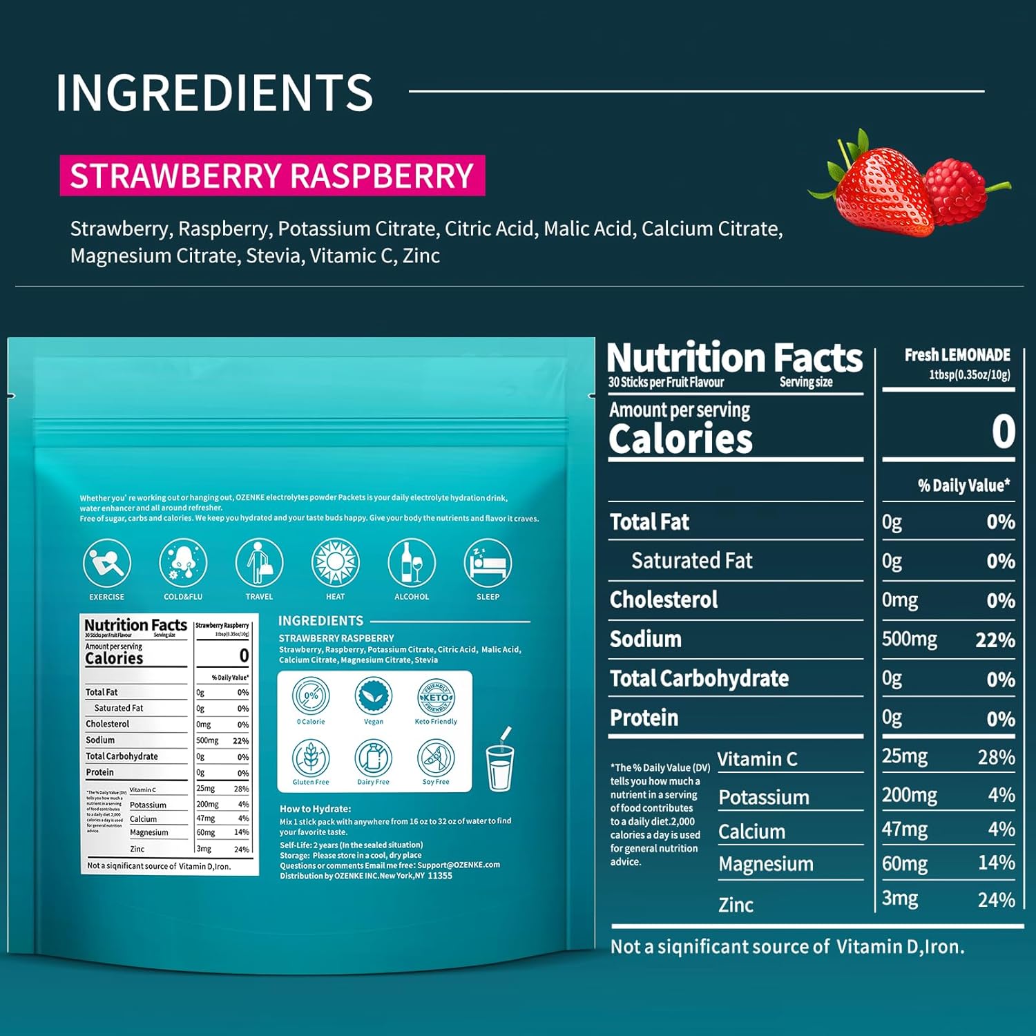 Electrolytes Powder Packets, 30 Sticks Hydration Packets Sugar Free, Electrolyte Drink Mix Portable Electrolyte Packets for Rapid Hydration, 0 Sugar & 0 Calorie, Strawberry & Raspberry Flavor