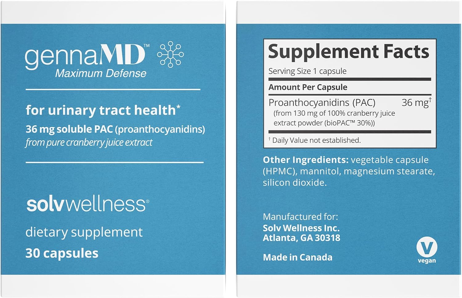 Solv Wellness GennaMD - Maximum UTI Defense - 36 mg Soluble PAC from 100% Cranberry Juice Extract - Highest PAC Concentration in a Small, Easy-to-Swallow Capsule - 30 Capsules