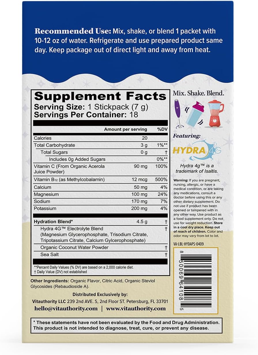 Hydration Electrolyte Powder Packets Blend Magnesium, Calcium, Sodium Potassium | Coconut Water + Vitamin C & B12 | Sugar-Free, Vegan, Non-GMO, Energy & Immune Support | 18 Servings Pineapple Flavored