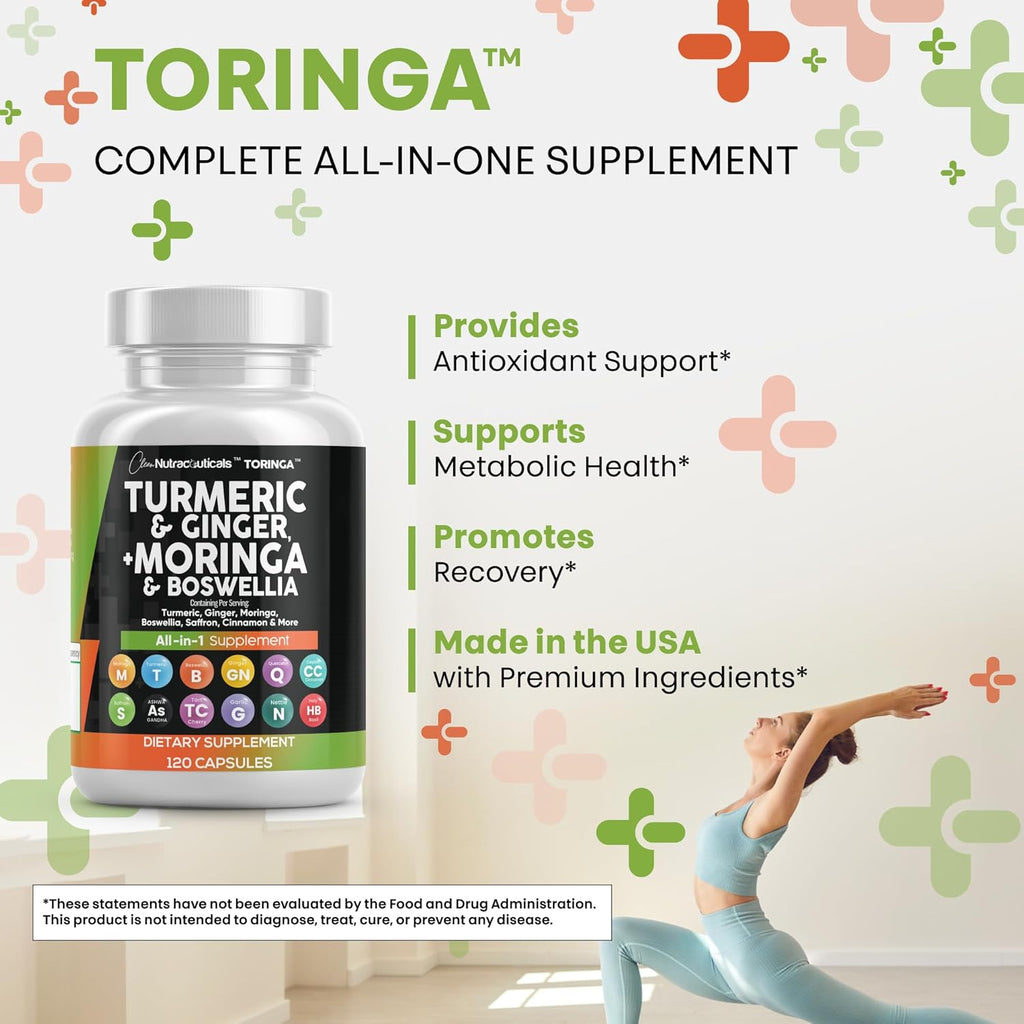 Clean Nutraceuticals Turmeric Moringa Supplement | Ginger Boswellia Saffron - Supplement for Women and Men with Ceylon Cinnamon, Tart Cherry, Quercetin Garlic Nettle Holy Basil - 1Pack