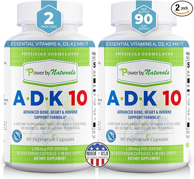 Power By Naturals ADK Vitamin Supplement – ADK 10 High Potency with Vitamins A, D3 10,000 IU & K2 MK7 for Bone Health – Vitamin A D K Supplement – 90 Capsules, 2 Pack (6-Month Supply)