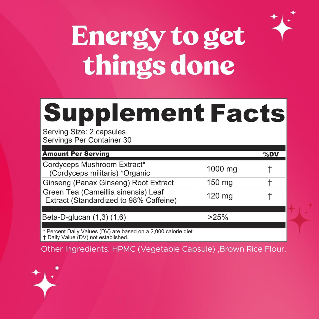 Super Bouncy - Mushroom Supplement - Cordyceps Mushrooms, Green Tea, Ginseng - Energy and Focus (60 Capsules)