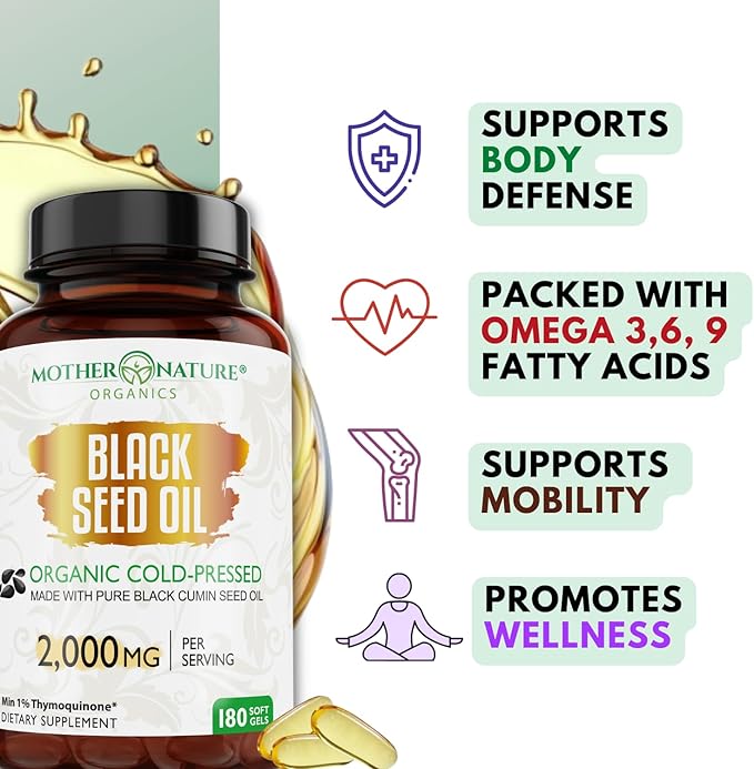 Mother Nature - Organic Black Seed Oil Capsules, 3 Month Supply, Cold Pressed, High TQ, 100% Turkish, Black Cumin Nigella Sativa Oil for Immune Support, Joint, Digestive Health,1000mg Capsule, 180ct