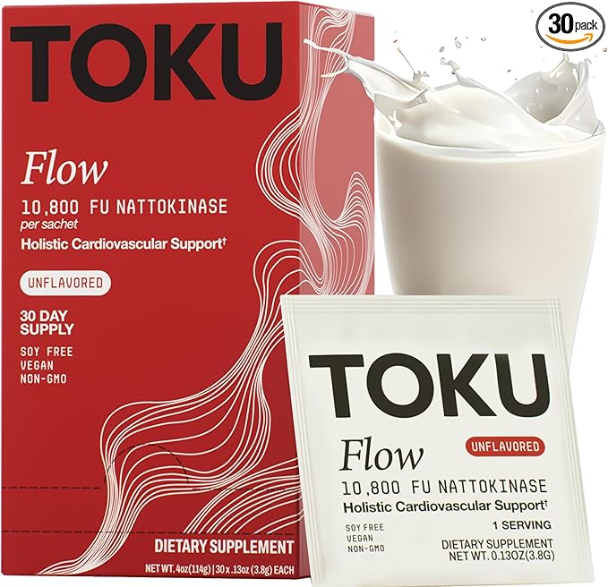 Toku Nattokinase 10,800 FU Supplement with Vitamin K2 MK7 & Oat Beta Glucan, Daily Circulation Support Powder, Plant-Based Drink Mix, Soy-Free, 30 Single-Serve Packets