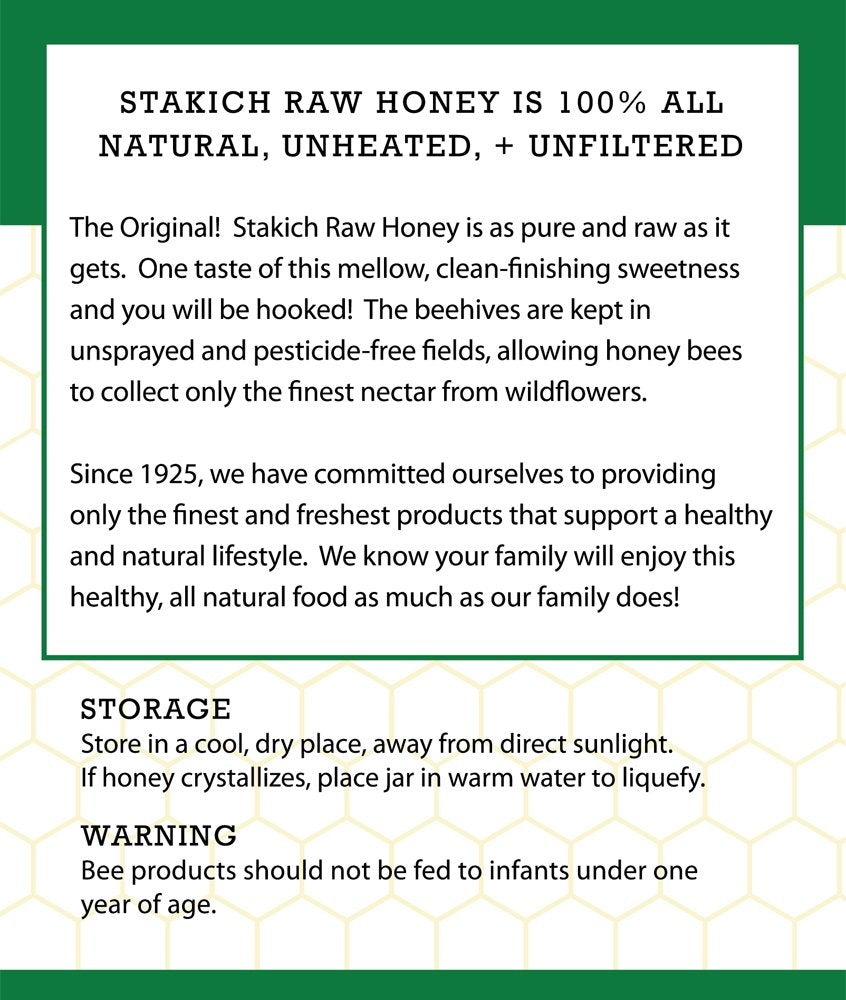 Stakich Raw Honey - Pure, Unprocessed, Unheated, Kosher - 5 Pound (80 Ounce)