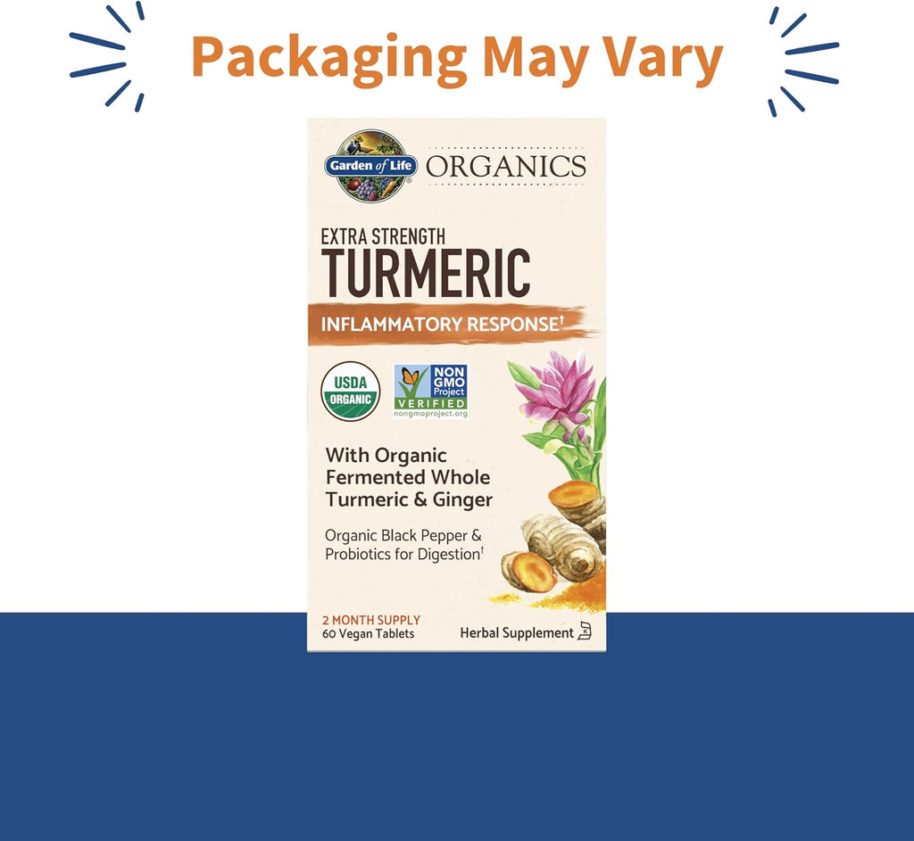 Garden of Life Organics Extra Strength Turmeric Inflammatory Response 60 Tablets-100mg Curcumin (95% Curcuminoids) Black Pepper, Probiotics, Organic Non-GMO Vegan Gluten Free Herbal Supplement