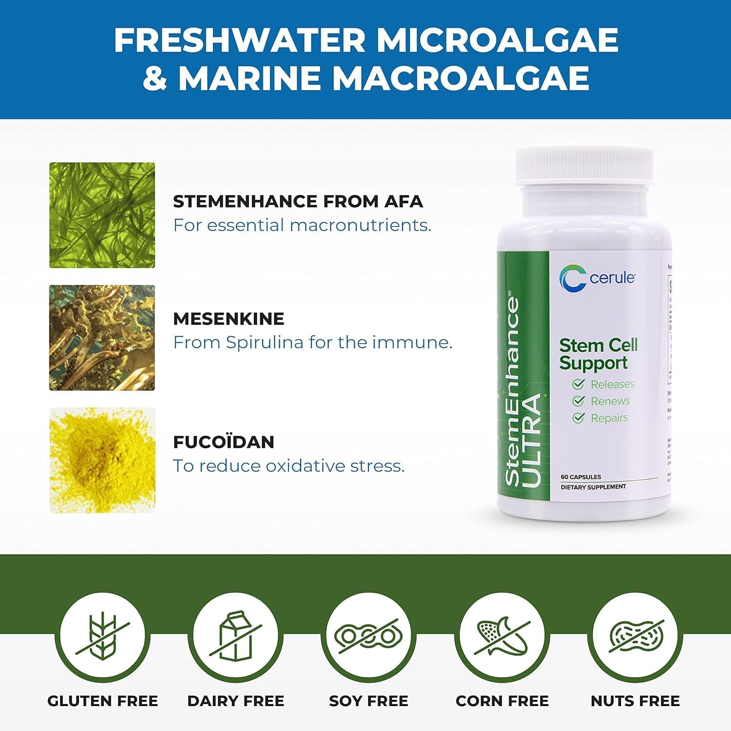 Cerule StemEnhance Ultra Stem Cell Support Supplement with Extracts from Freshwater Microalgae and Marine Macroalgae to Help Increase Circulating Adult Stem Cells and Promote Healing Two Pack