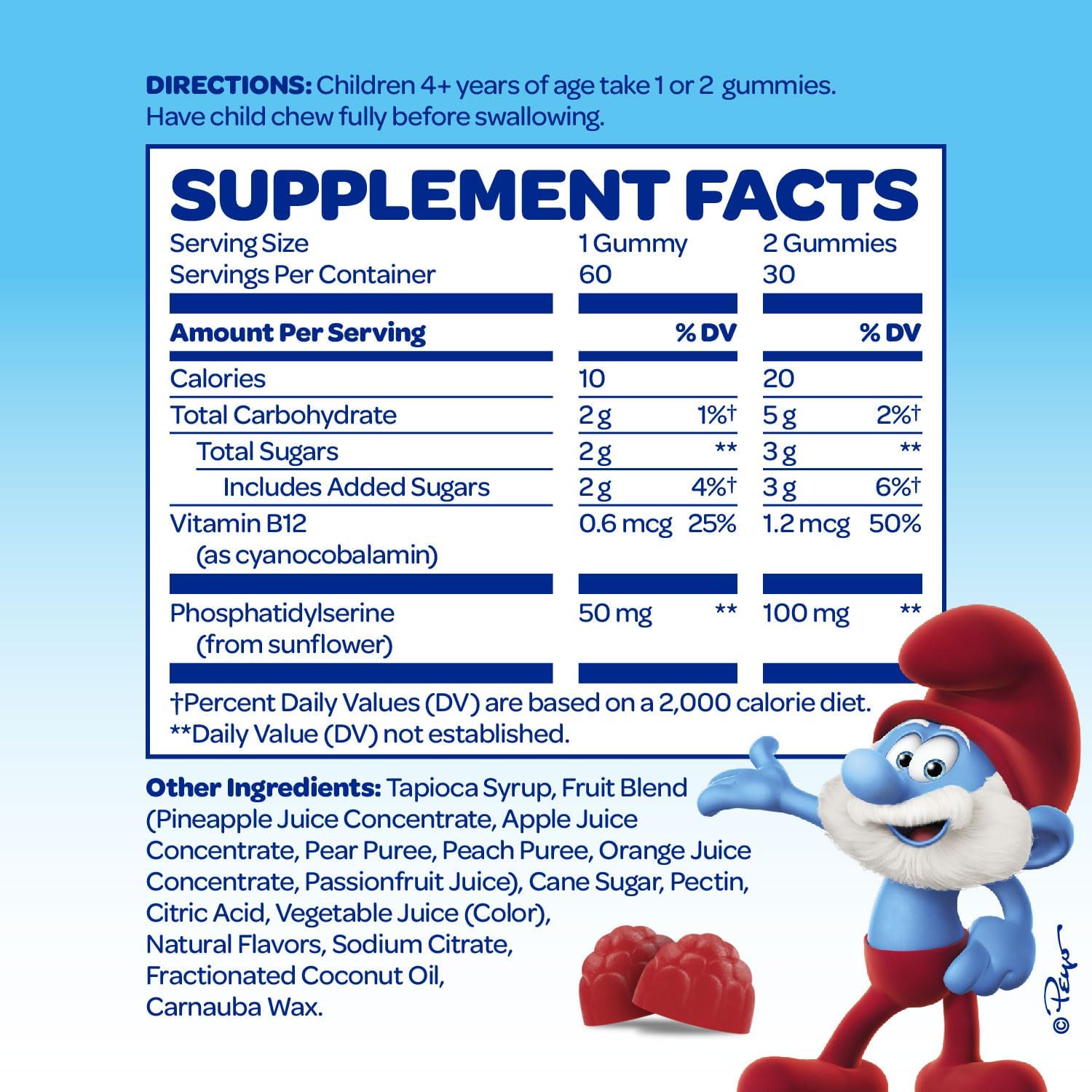 The Smurfs Nootropic Gummies for Kids with Vitamin B12 & L-Theanine | Laser Focus Gummy for Focus and Memory Supplements | Made with Real Fruit in a Smurf Berry | Doctor Developed | 60 Vegan Gummies