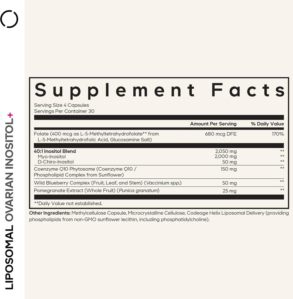 Codeage Liposomal Ovarian Inositol+ Supplement - Myo-Inositol & D-Chiro-Inositol 40:1 Blend, Folate 5-MTHF, CoQ10, Pomegranate & Wild Blueberry, Liposomal Delivery, Non-GMO, Gluten-Free - 120 Capsules