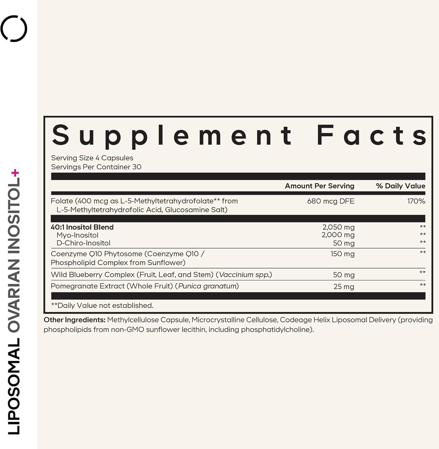 Codeage Liposomal Ovarian Inositol+ Supplement - Myo-Inositol & D-Chiro-Inositol 40:1 Blend, Folate 5-MTHF, CoQ10, Pomegranate & Wild Blueberry, Liposomal Delivery, Non-GMO, Gluten-Free - 120 Capsules