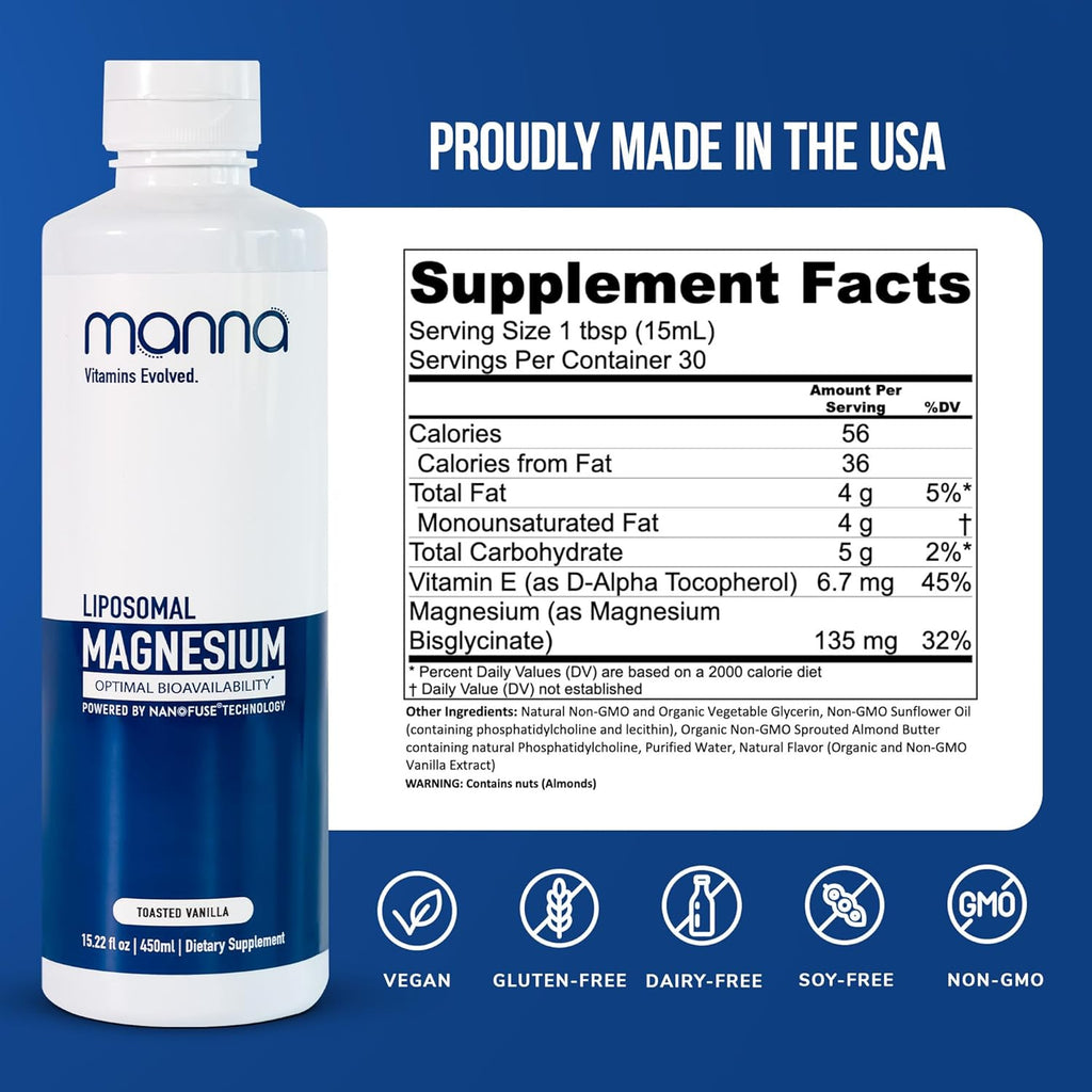 Manna Vitamins Evolved - Liposomal Magnesium, High Absorption Magnesium Glycinate Liquid for Women & Men Mineral Supplement