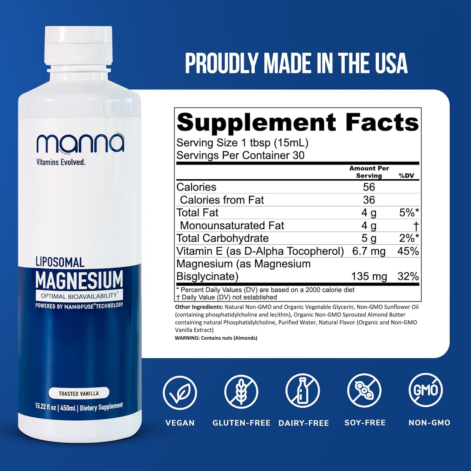 Manna Vitamins Evolved - Liposomal Magnesium, High Absorption Magnesium Glycinate Liquid for Women & Men Mineral Supplement