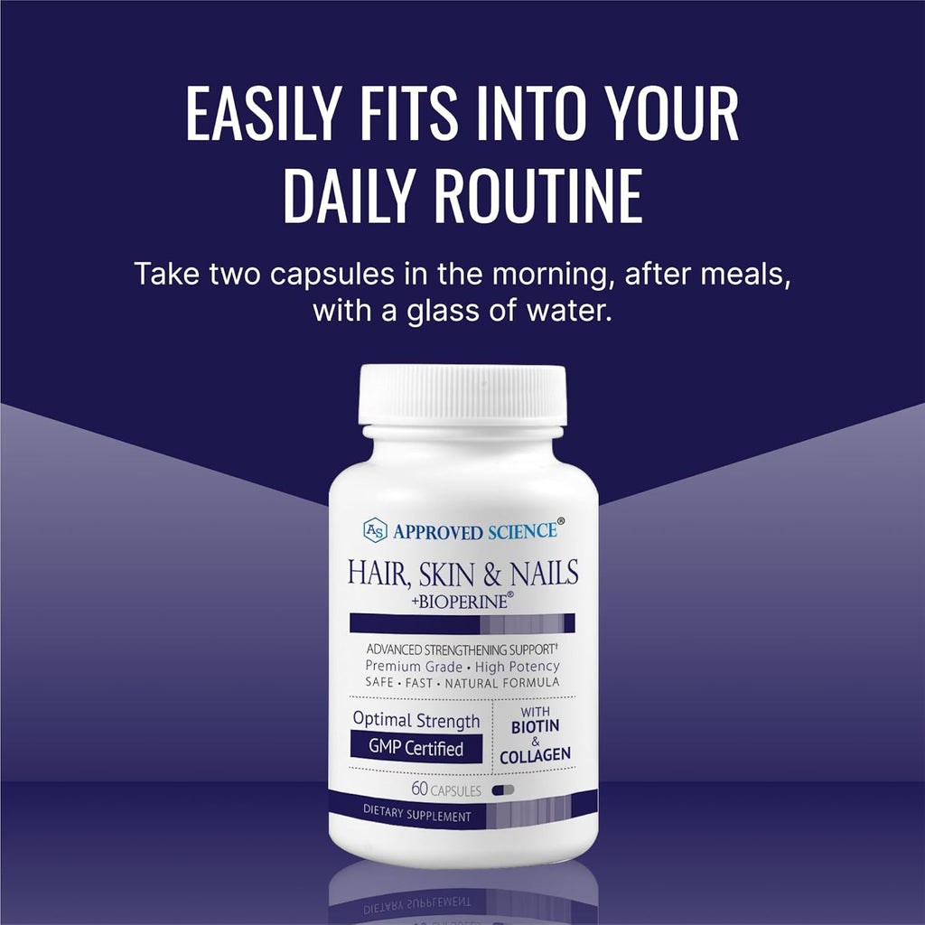 Approved Science Hair, Skin and Nails - Support Supplement - Biotin, Collagen, Vitamin B Complex, Silica, BioPerine - 360 Capsules - 6 Month Supply