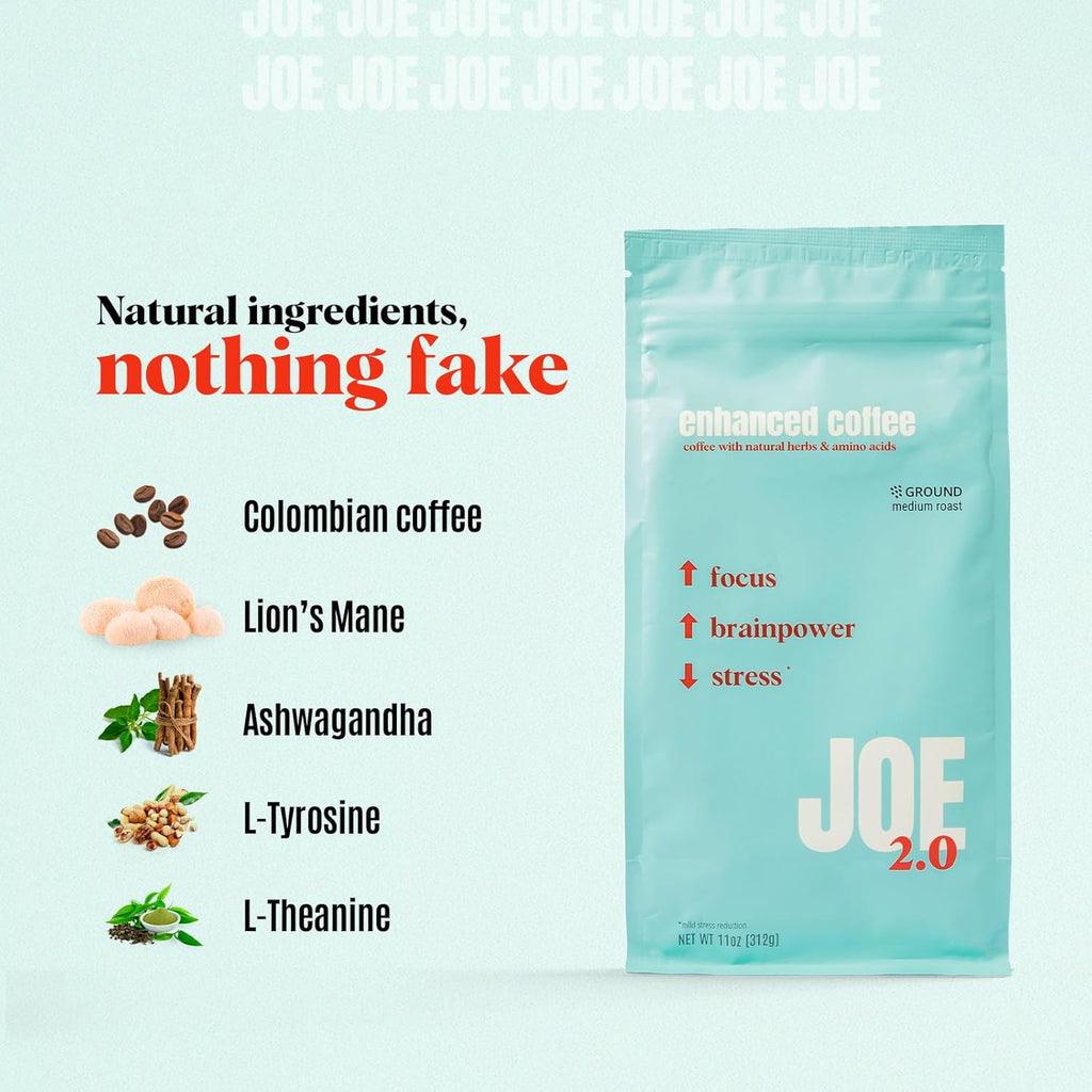 Joe 2.0 - Mushroom Coffee with Lion’s Mane & Ashwagandha – Nootropic Ground Coffee for Focus, Calm Energy & Clarity – Joe 2.0 Medium Roast – 20 Servings (11 oz)