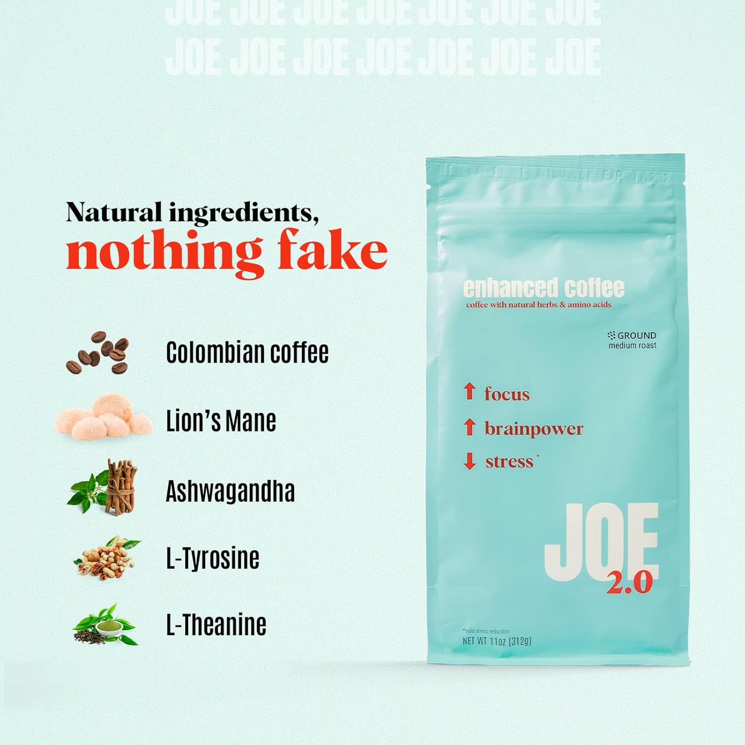 Joe 2.0 - Mushroom Coffee with Lion’s Mane & Ashwagandha – Nootropic Ground Coffee for Focus, Calm Energy & Clarity – Joe 2.0 Medium Roast – 20 Servings (11 oz)