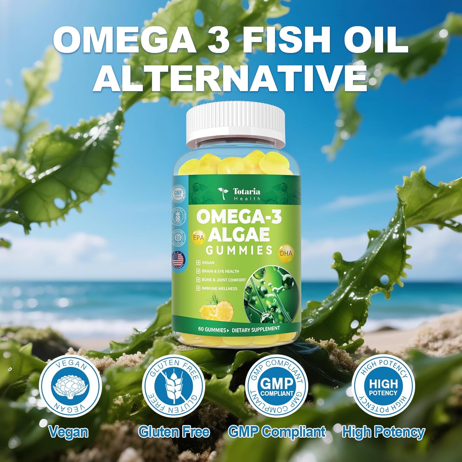 10-in-1 Vegan Omega-3 Gummies 1500mg with DHA 600mg, EPA 400mg, Phytosterols, Turmeric, CoQ10, Phosphatidylserine, Monk Fruit, Algae Omega 3 Supplement Fish Oil Alternative for Adults & Teens - 60 Cts