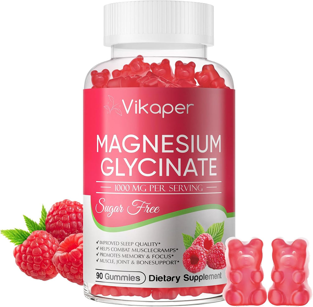 Magnesium Glycinate Gummies 1000mg Sugar Free,Magnesium Potassium Supplement with Vitamin D3,B6 to Sleep,Stress,Muscle Relief,Nerve Health Support for Adults,90 Raspberry Flavor Gummy