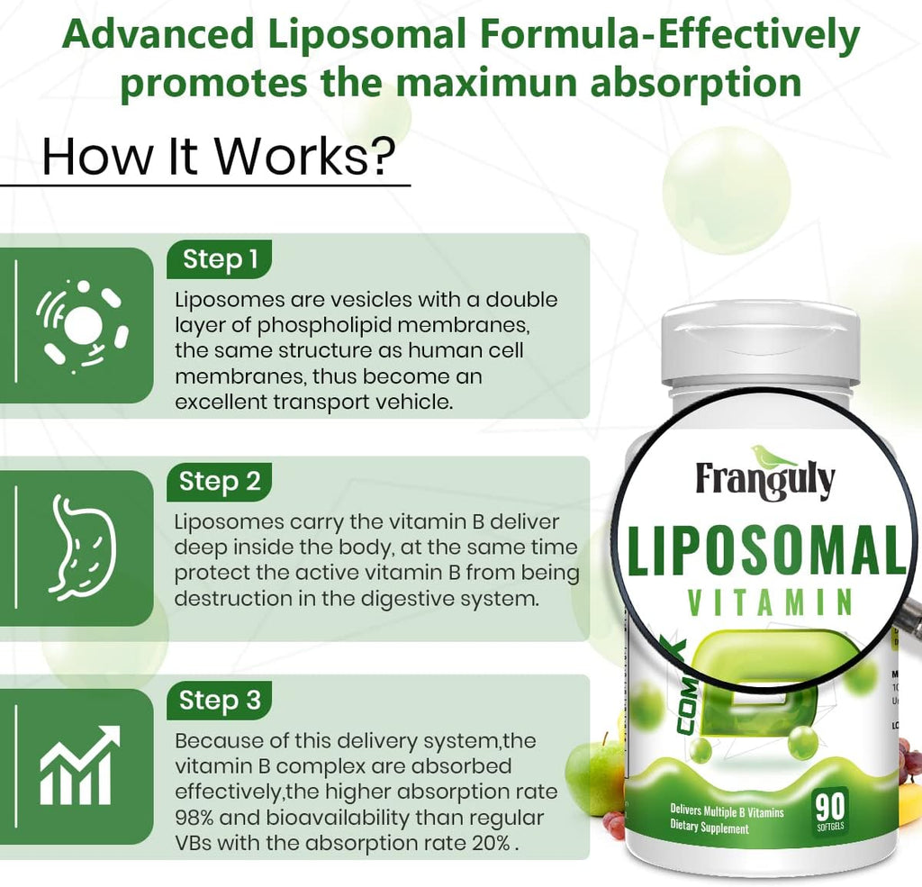 Active B Complex Liposomal B Vitamins with Choline Inositol, 90 Softgels High Potency B1, B2, B3, B5, B6, Biotin, Folate, Methylated B12- Immune, Energy, Brain Heart Support Supplements
