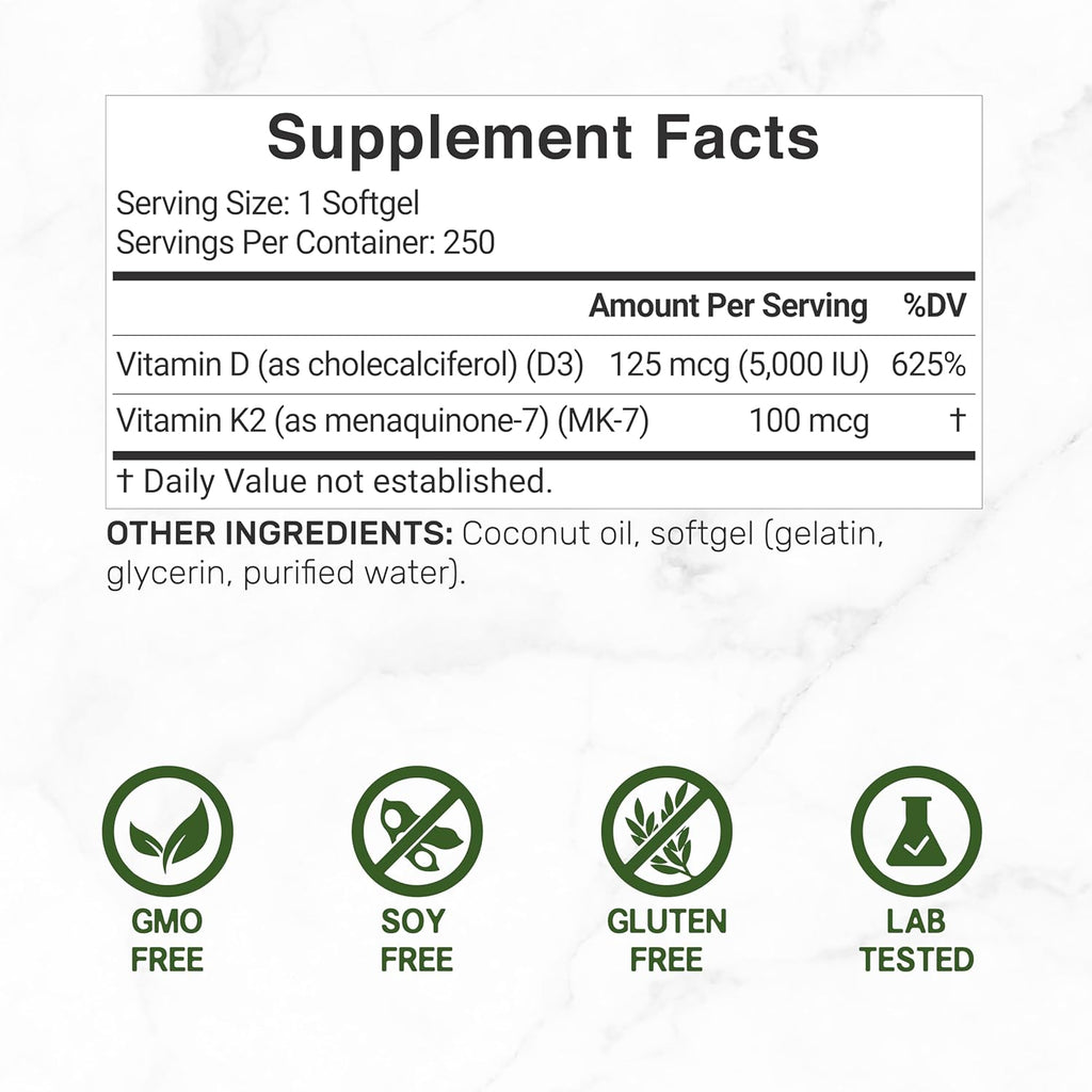 DEAL SUPPLEMENT Vitamin D3 5,000 IU + K2 MK7 100mcg Softgels | 2-in-1 Complex with Virgin Coconut Oil | Supports Heart, Bone, Teeth & Immune Health | Easy to Swallow