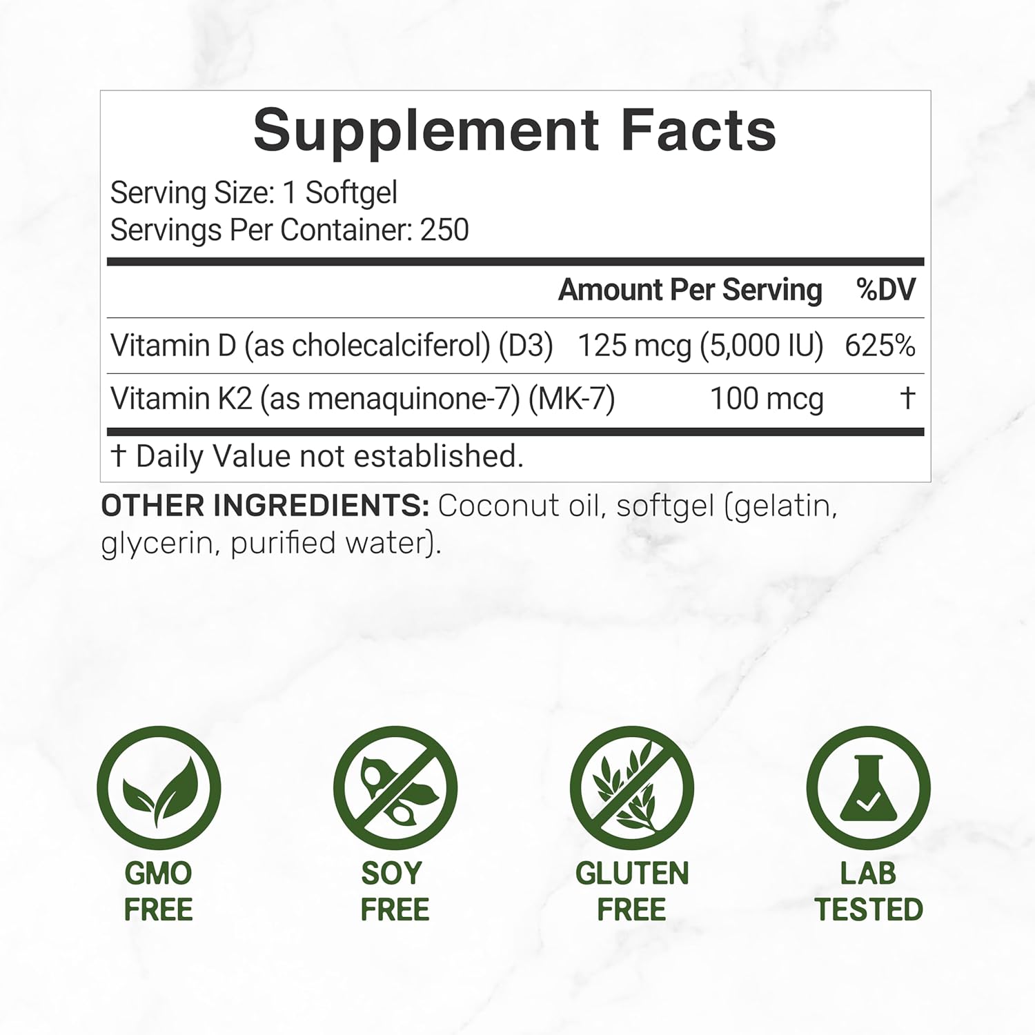 DEAL SUPPLEMENT Vitamin D3 5,000 IU + K2 MK7 100mcg Softgels | 2-in-1 Complex with Virgin Coconut Oil | Supports Heart, Bone, Teeth & Immune Health | Easy to Swallow