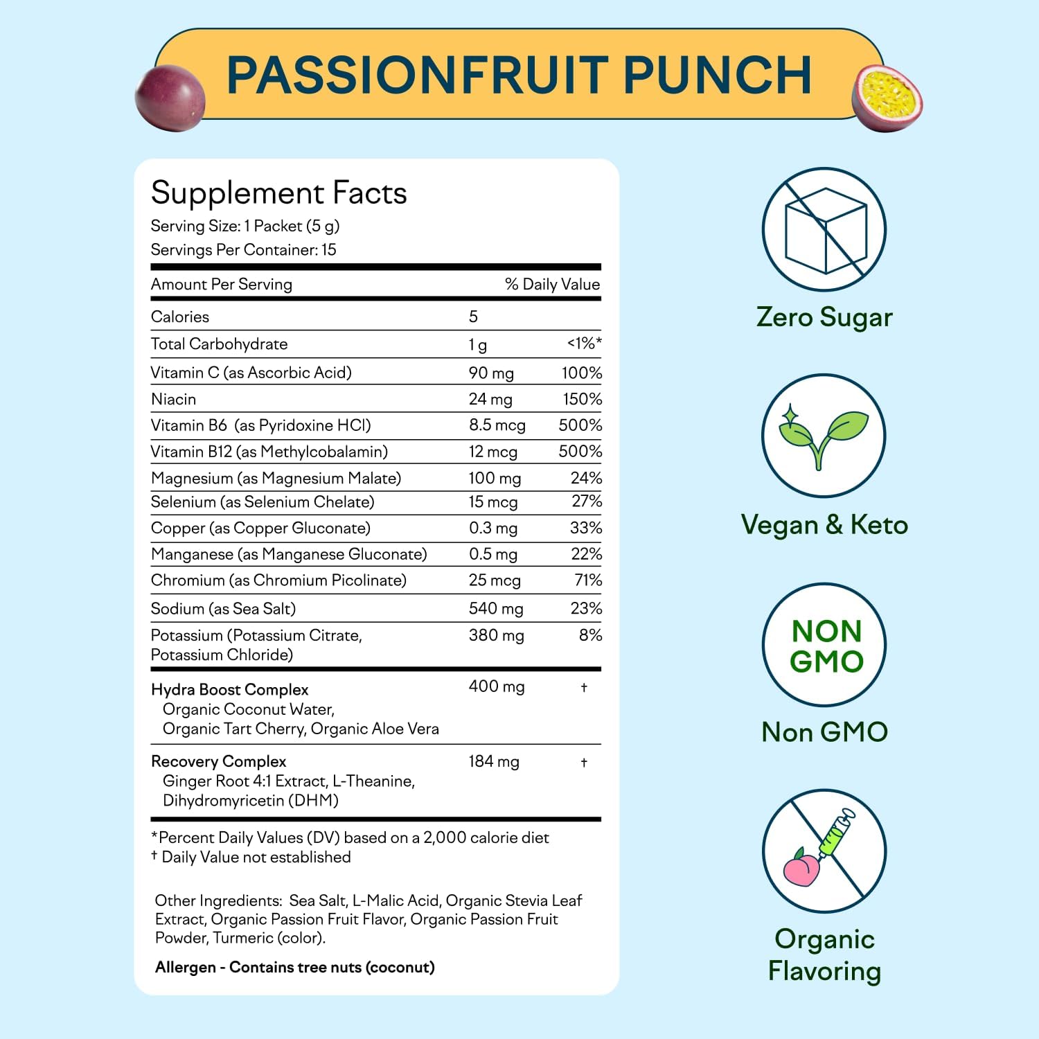 Feel Goods Hydration Hero, 1,000mg Electrolytes Powder, Sugar Free, Magnesium, Organic Aloe Vera, L Theanine, Vitamin C & B12, Keto, Vegan, Electrolyte Packets, Passion Fruit Punch, 15 Count